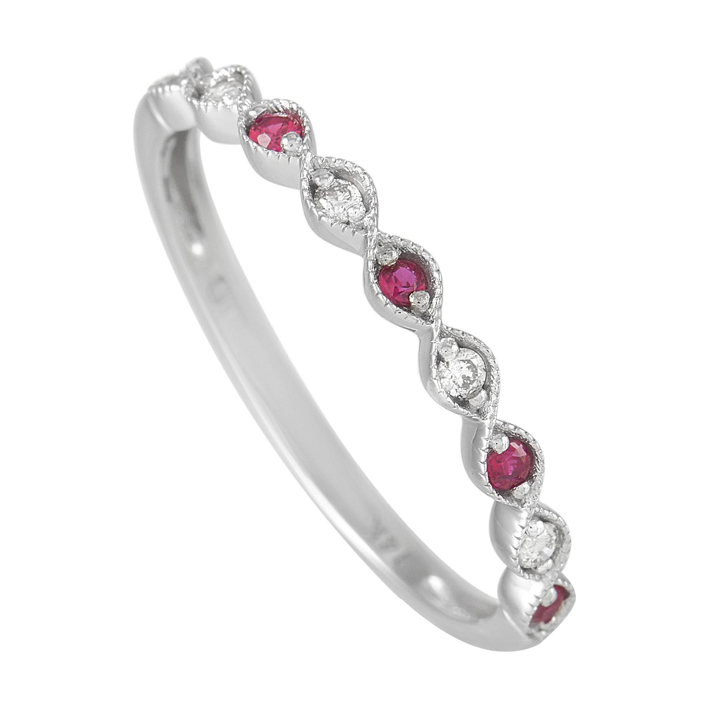 LB Exclusive 14K White Gold 0.06 Ct Diamond and Ruby Ring