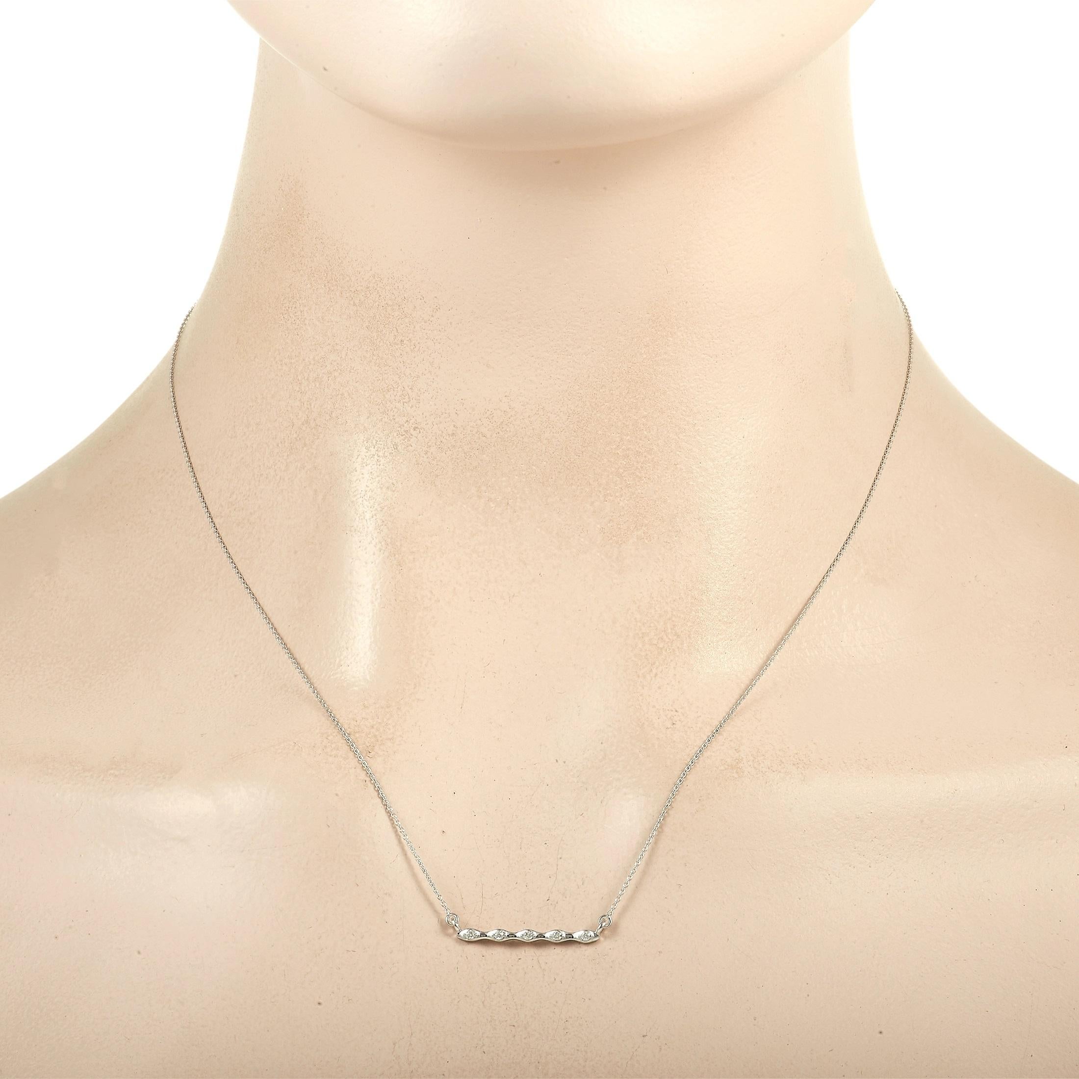 This classy LB Exclusive 14K White Gold 0.06 ct Diamond Necklace adds the perfect touch of sparkle. The necklace is made with a white gold chain, highlighting a matching 14K white gold bar pendant. The bar is set with a row of five round-cut