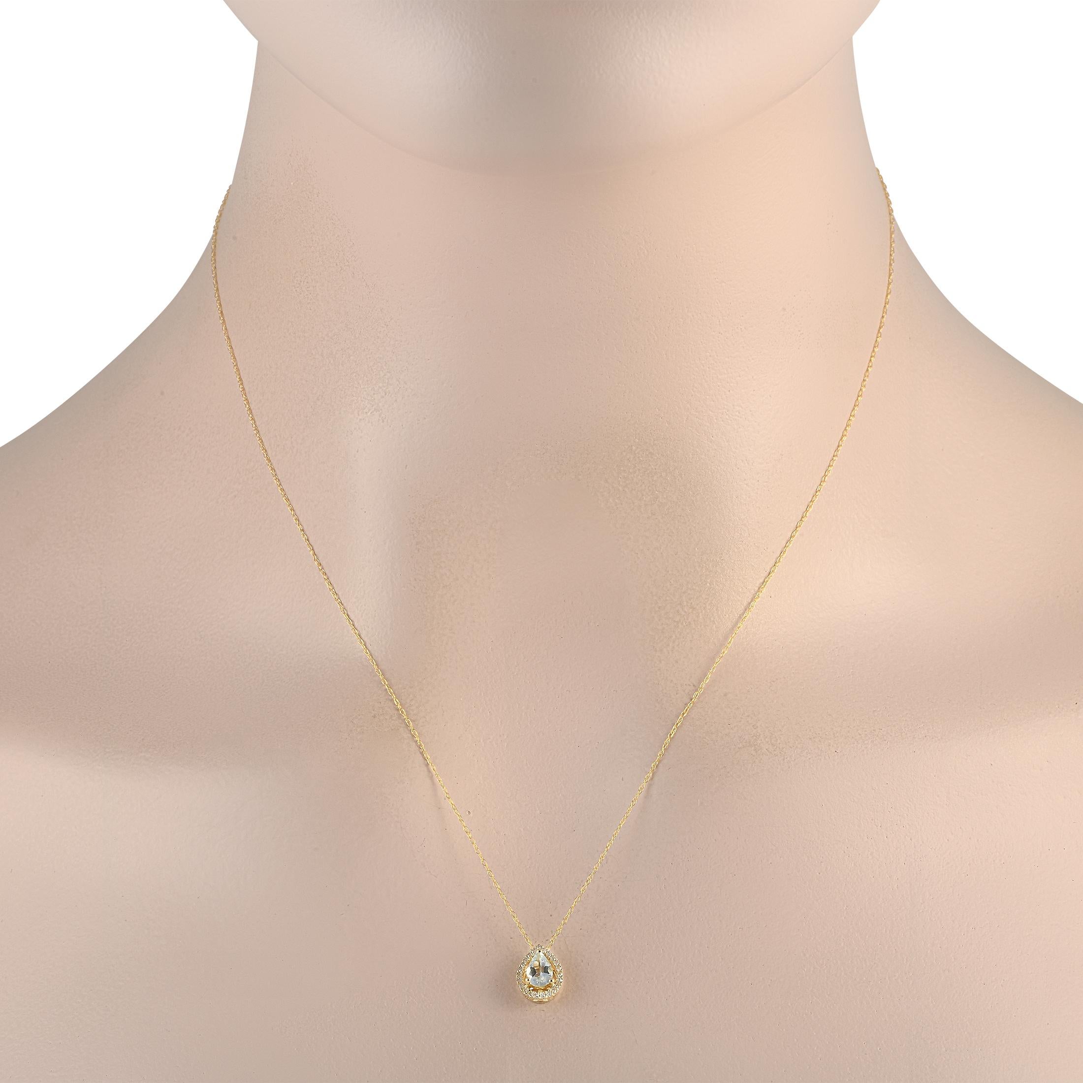 You'll find yourself reaching for this beauty daily. This LB Exclusive necklace features a delicate double-cable chain necklace holding a pear-shaped pendant with a faceted aquamarine center, haloed by petite diamonds. The glittering pendant