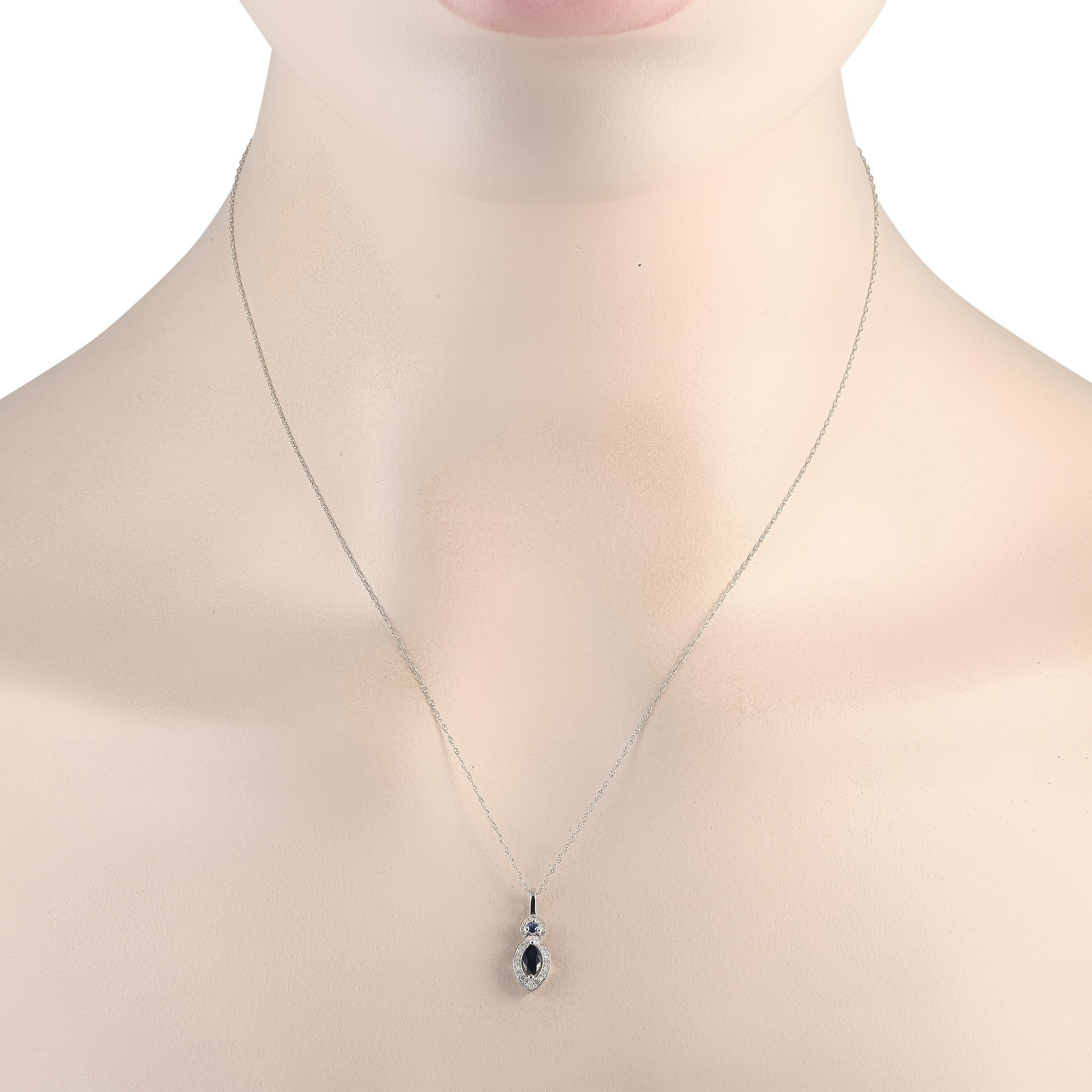 Bearing a September birthstone, this diamond and sapphire necklace makes a meaningful gift for those born in the ninth month of the year. The necklace has a double cable chain measuring 18 inches long. The 0.75 by 0.25 pendant features a deep blue