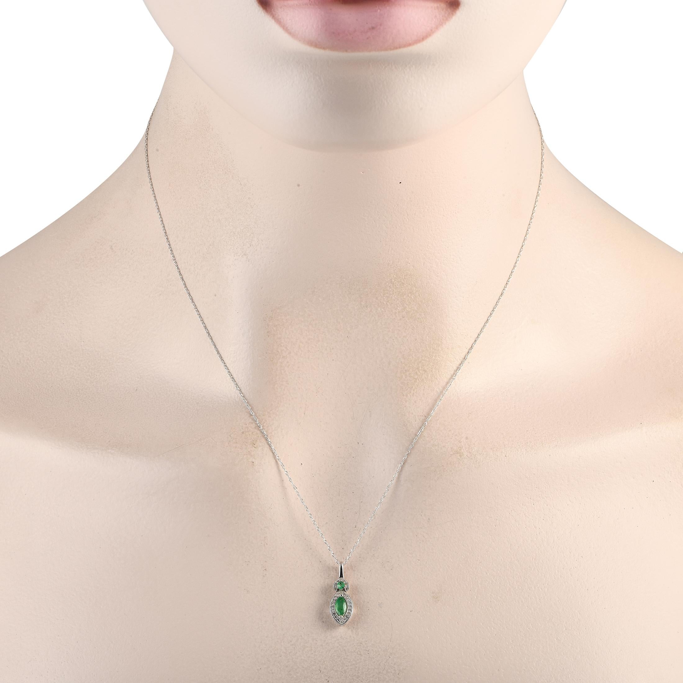 This timeless necklace will add the perfect pop of color to any ensemble. Suspended from an 18 chain, youll find a sophisticated pendant measuring 0.75 long and 0.25 wide. It comes to life thanks to eye-catching Emerald gemstones and Diamond accents
