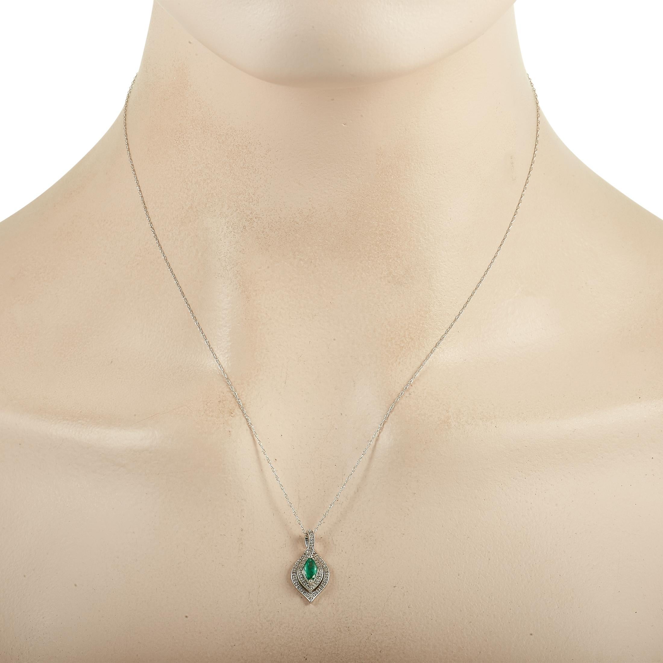 Add a touch of color and luxury to any ensemble with this classically elegant necklace. Suspended from a textured 17.5” chain, you’ll find a 14K White Gold pendant measuring 0.75” long and 0.45” wide. It’s covered in diamonds totaling 0.08 carats