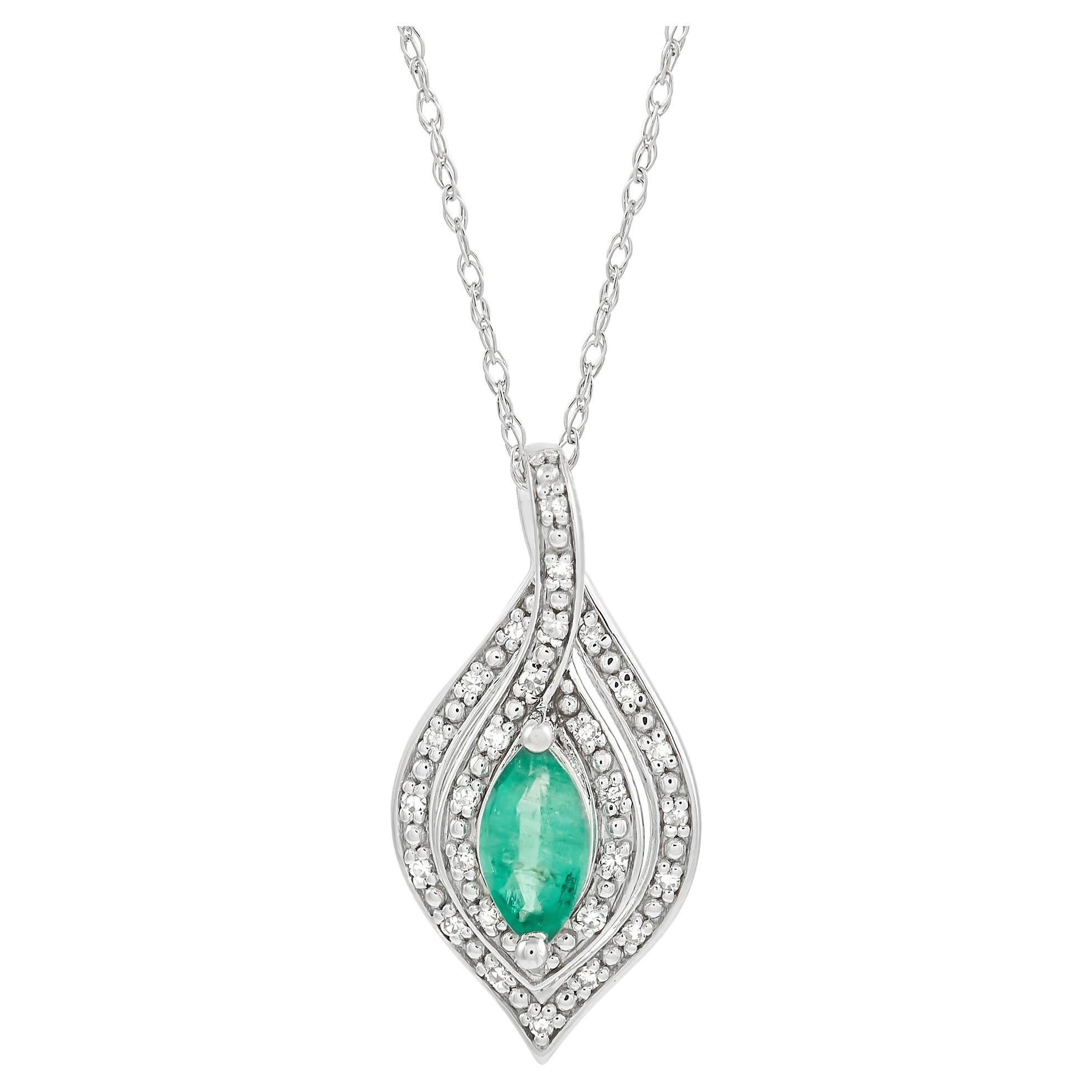 LB Exclusive 14K White Gold 0.08 Ct Diamond and Emerald Necklace For Sale
