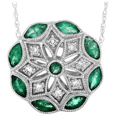 LB Exclusive 14K White Gold 0.08 ct Diamond and Emerald Round Pendant Necklace