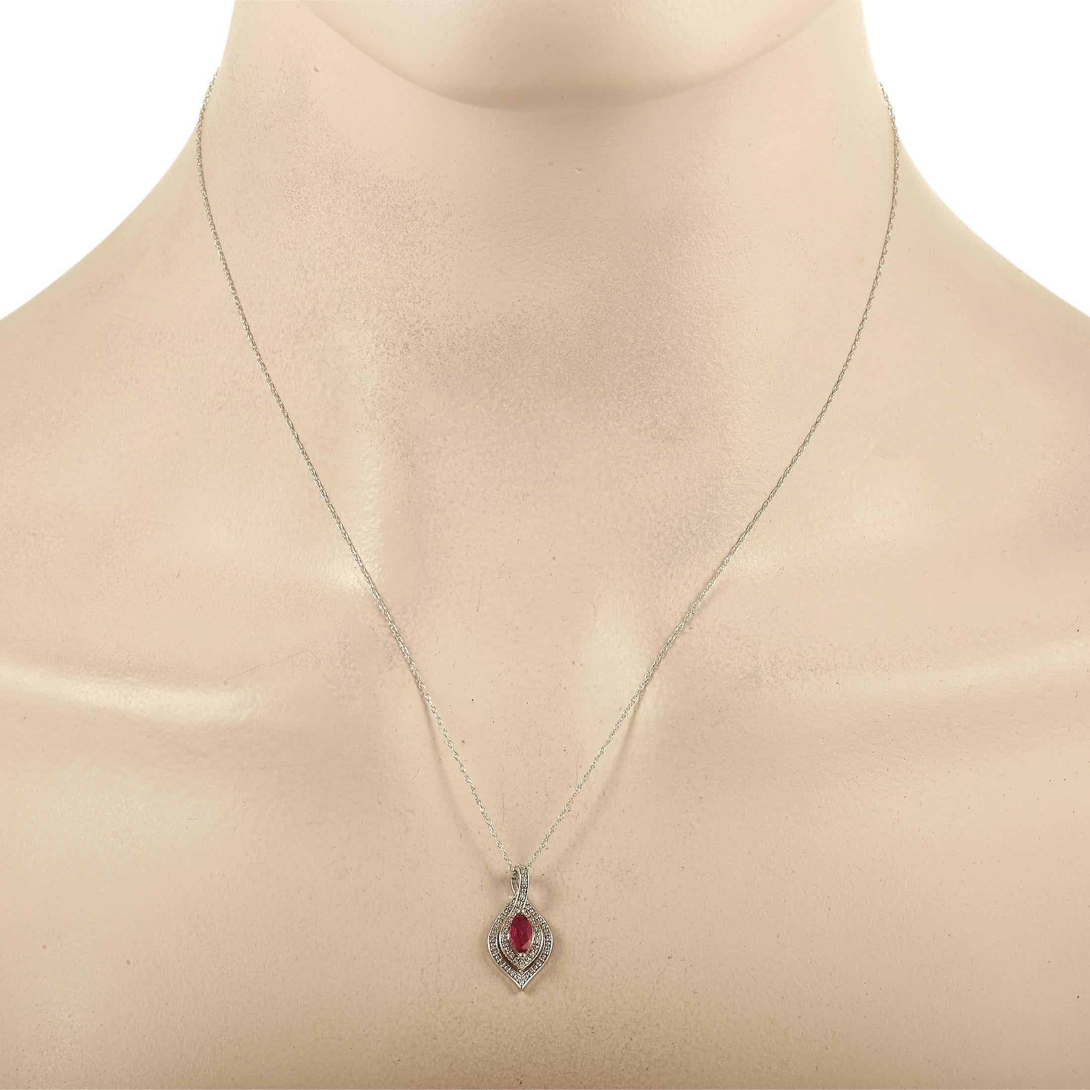 Simple and luxurious, this necklace is the picture of sophistication. At the center of the 14K White Gold pendant - which measures 0.75” long and 0.45” wide - you’ll find a breathtaking ruby gemstone surrounded by diamonds totaling 0.08 carats. It’s
