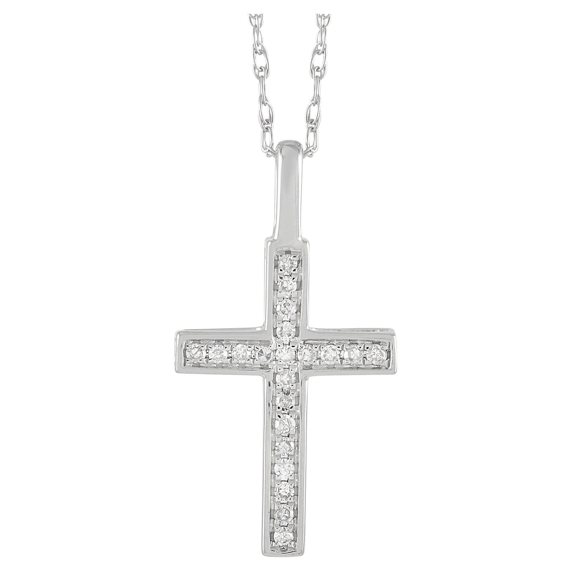LB Exclusive Collier croix en or blanc 14 carats avec diamants 0,08 carat