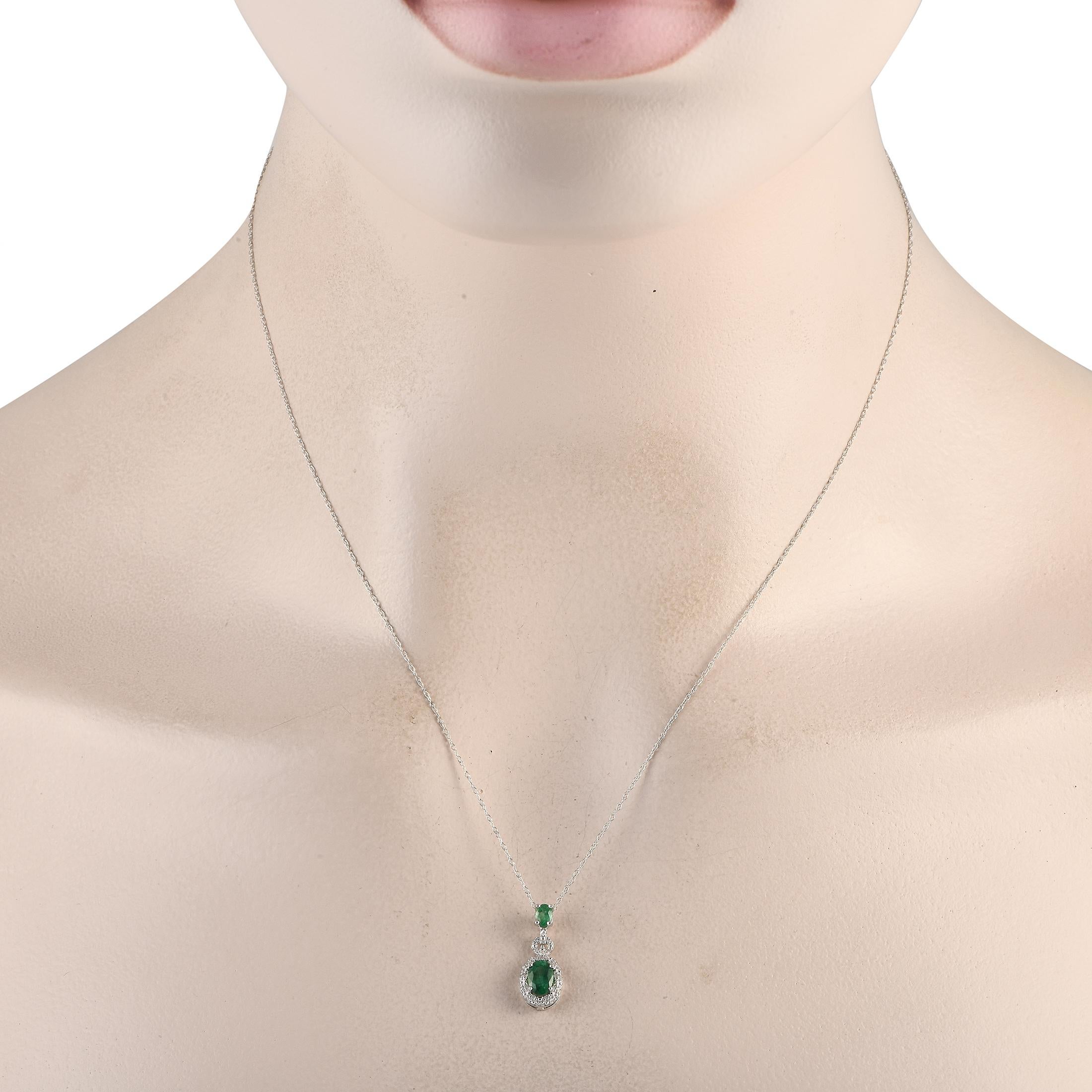 Refresh a monochromatic outfit with a necklace shining with the invigorating green hue of emerald. This LB Exclusive piece is crafted in 14K white gold and has an 18 chain. It captivates with its shimmering oval-cut emerald pendant surrounded by a