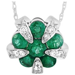 LB Exclusive 14K White Gold 0.09 ct Diamond and Emerald Round Pendant Necklace
