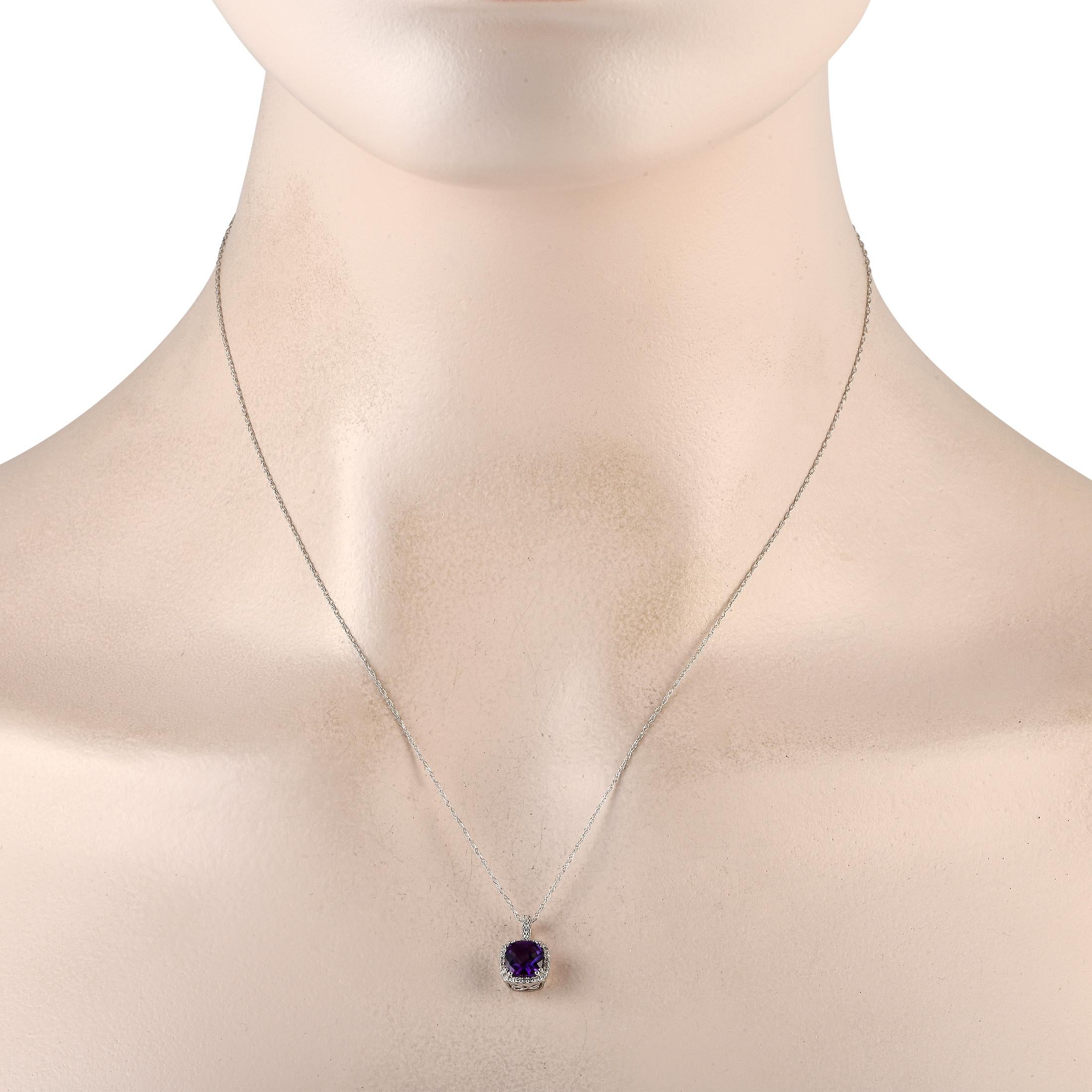This sleek, sophisticated necklace is ideal for any occasion. Suspended from an 18 chain, youll find a 14K White Gold pendant measuring 0.50 long by 0.25 wide. It showcases a stunning Amethyst center stone and additional Diamond accents totaling