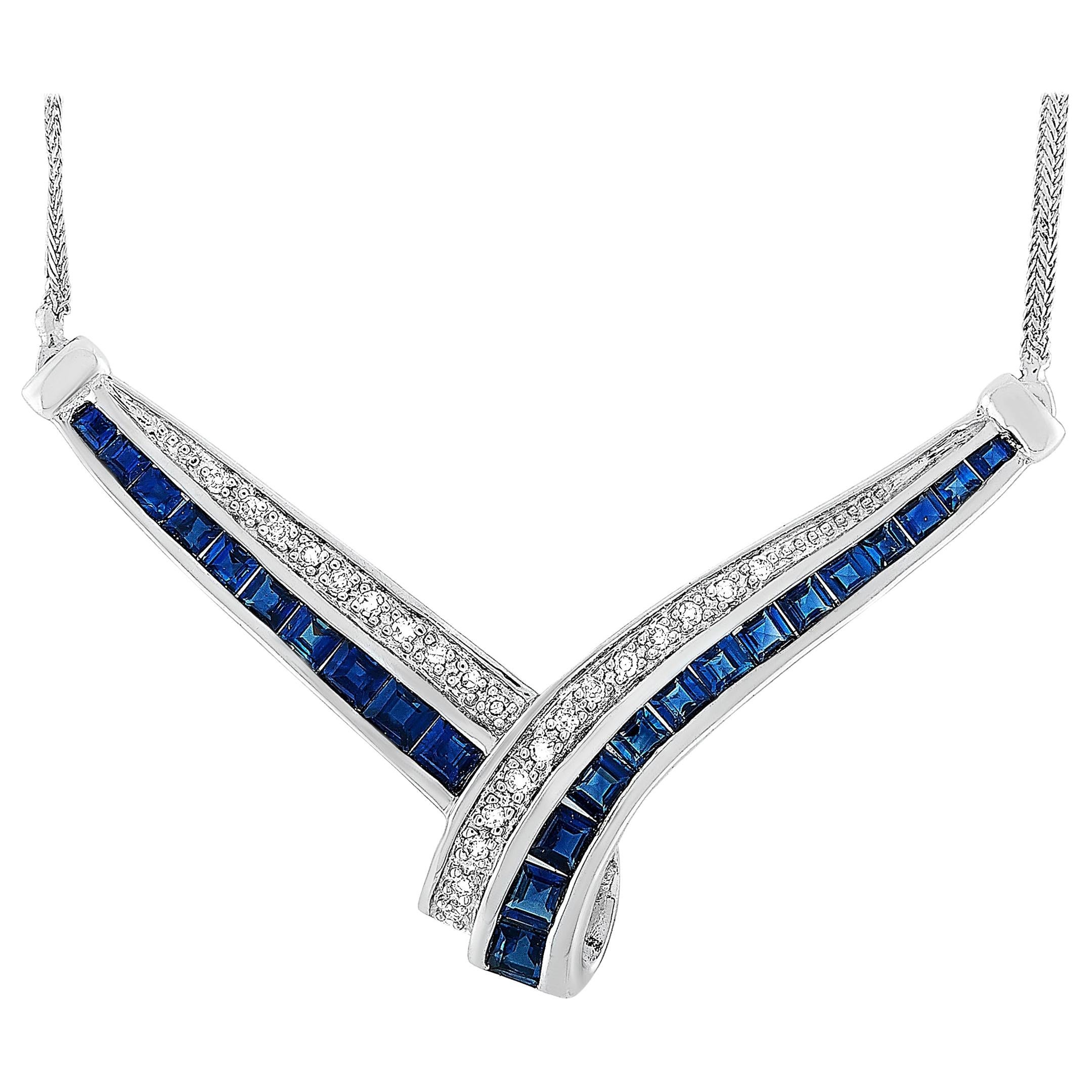 LB Exclusive 14K White Gold 0.10 Carat Diamond and Sapphire Pendant Necklace