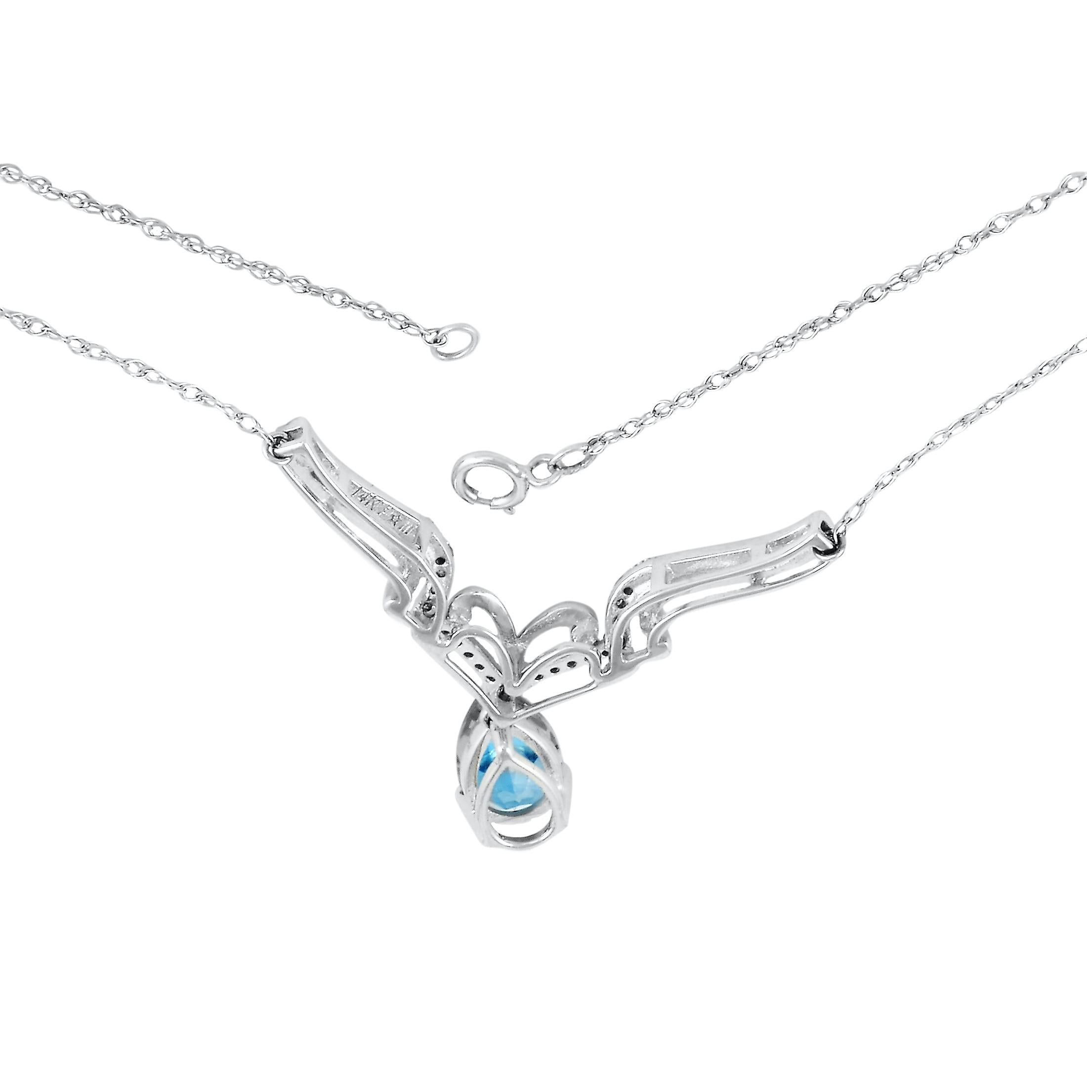 This LB Exclusive necklace is made of 14K white gold and weighs 3.2 grams. It is presented with a 15” chain and a pendant that measures 1” in length and 1” in width. The necklace is embellished with a blue topaz and a total of 0.10 carats of