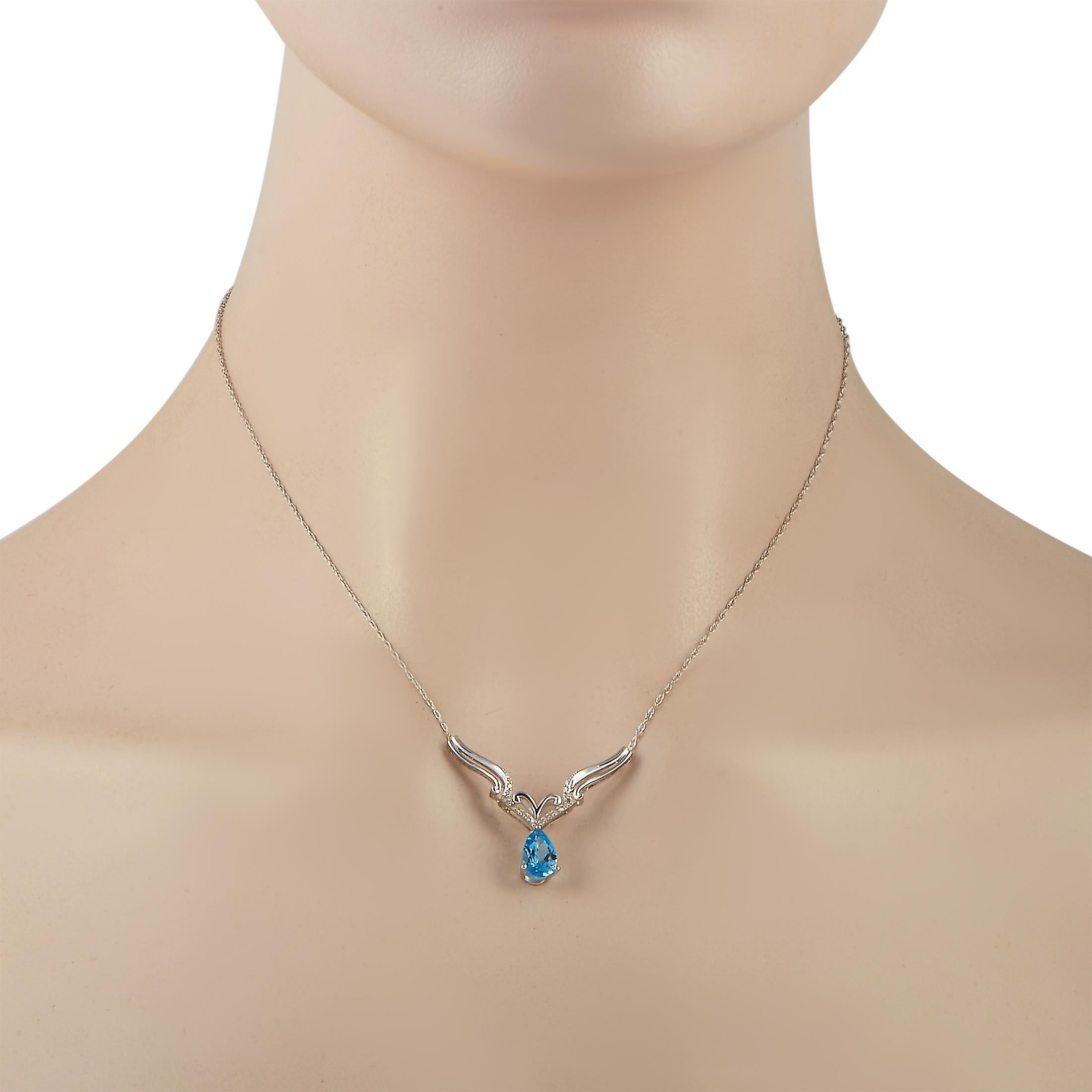 Round Cut LB Exclusive 14K White Gold 0.10 Carat Diamond and Blue Topaz Pendant Necklace