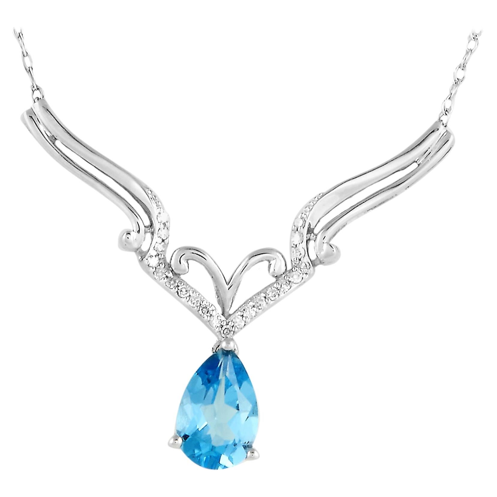 LB Exclusive 14K White Gold 0.10 Carat Diamond and Blue Topaz Pendant Necklace
