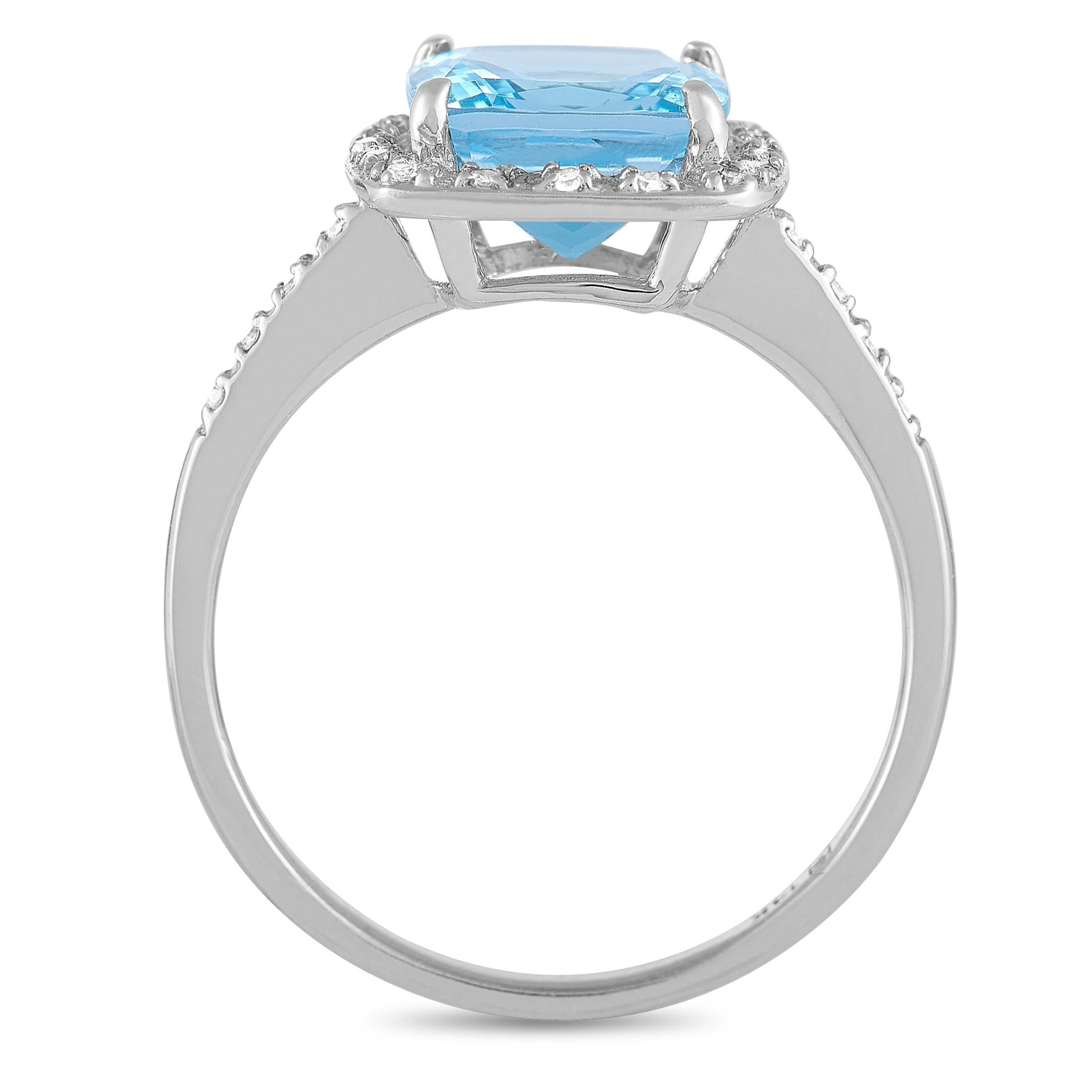 This LB Exclusive ring is crafted from 14K white gold and weighs 2.7 grams, boasting band thickness of 2 mm and top height of 6 mm, while top dimensions measure 10 by 10 mm. The ring is set with a 2.80 ct blue topaz and a total of 0.10 carats of