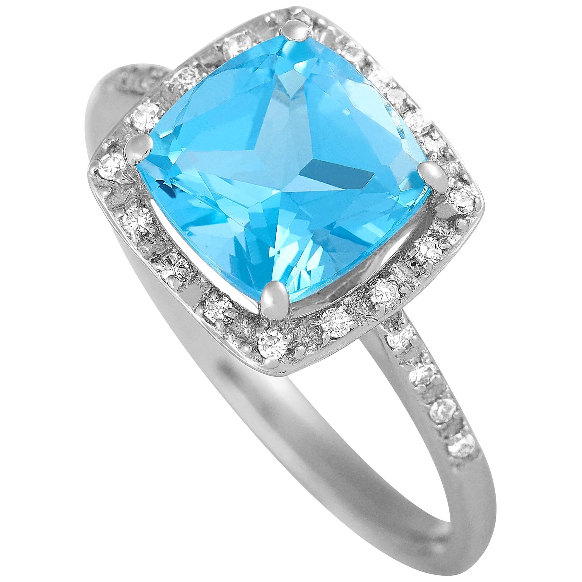 LB Exclusive 14 Karat White Gold 0.10 Carat Diamond and Blue Topaz Ring