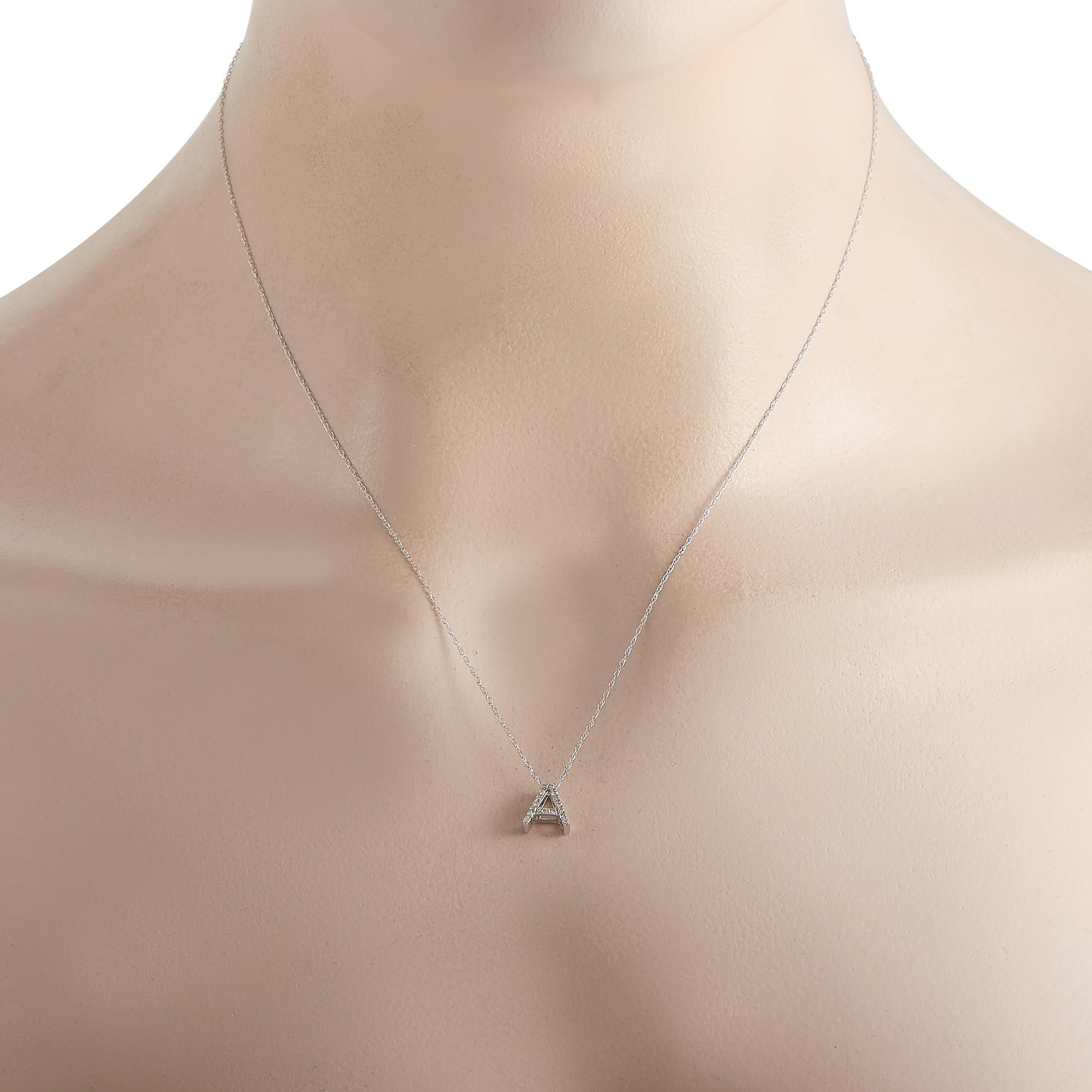 This pretty LB Exclusive 14K White Gold 0.10 ct Diamond Initial ‘A’ Necklace is made with a delicate 14K white gold chain and features a small white gold pendant shaped like the letter ‘A’ that is accompanied by 0.10 carats of pavé set diamonds. The