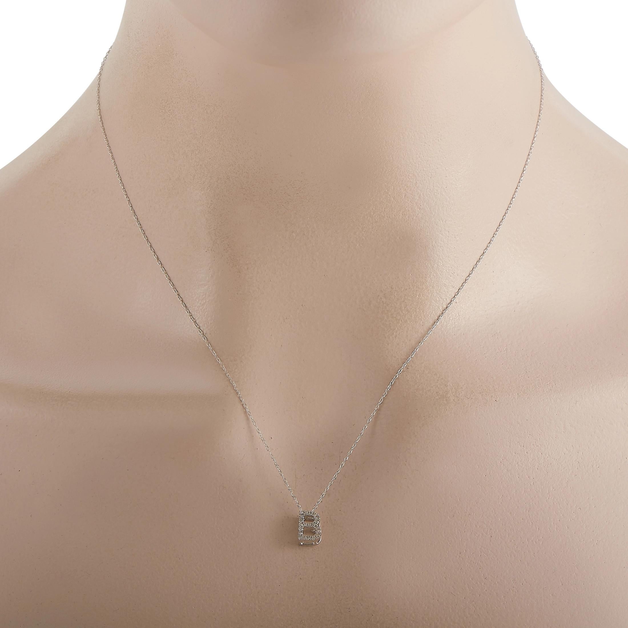 This pretty LB Exclusive 14K White Gold 0.10 ct Diamond Initial ‘B’ Necklace is made with a delicate 14K white gold chain and features a small white gold pendant shaped like the letter ‘B’ that is accompanied by 0.10 carats of pavé set diamonds. The