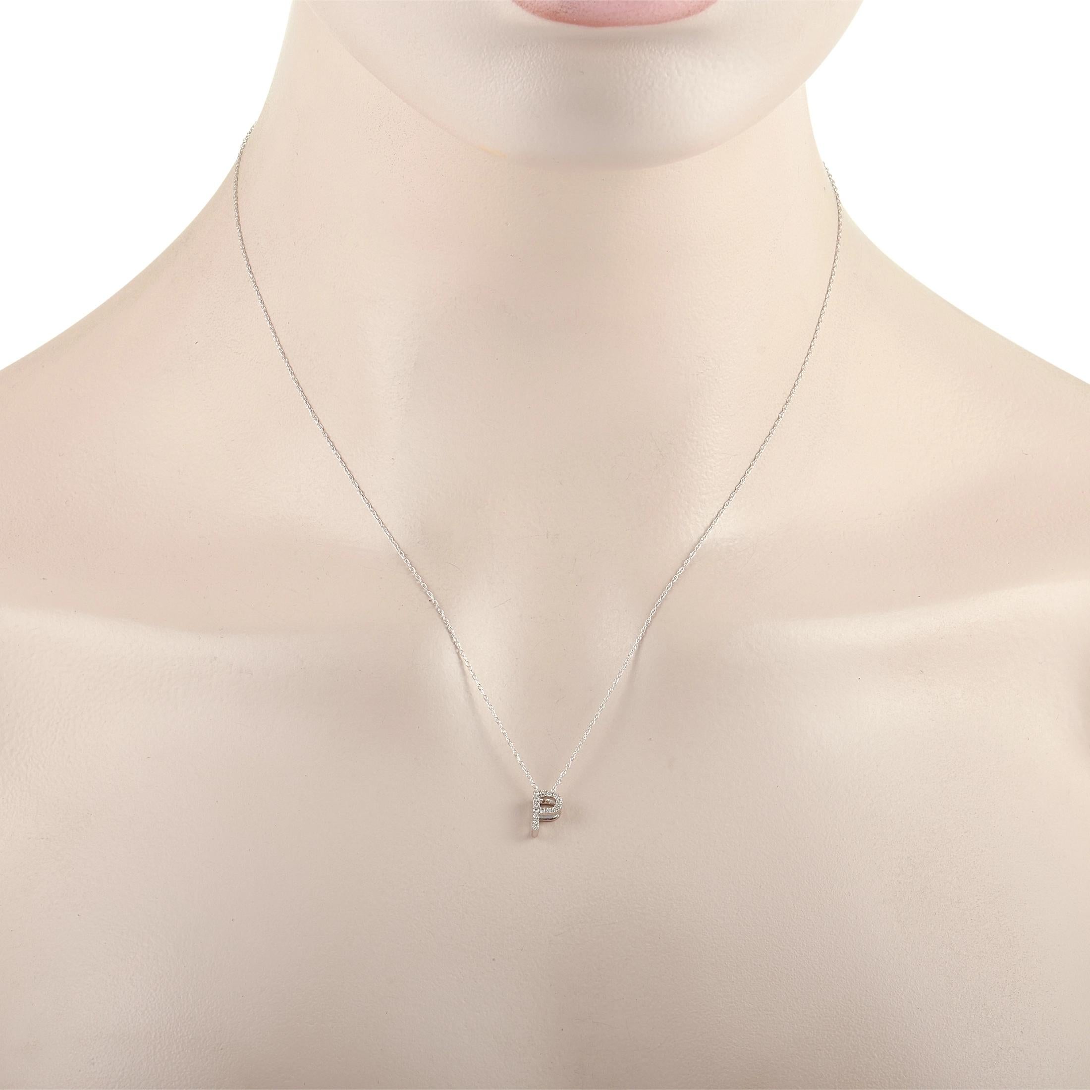 This pretty LB Exclusive 14K White Gold 0.10 ct Diamond Initial ‘P’ Necklace is made with a delicate 14K white gold chain and features a small white gold pendant shaped like the letter ‘P’ and set with 0.10 carats of round diamonds throughout. The