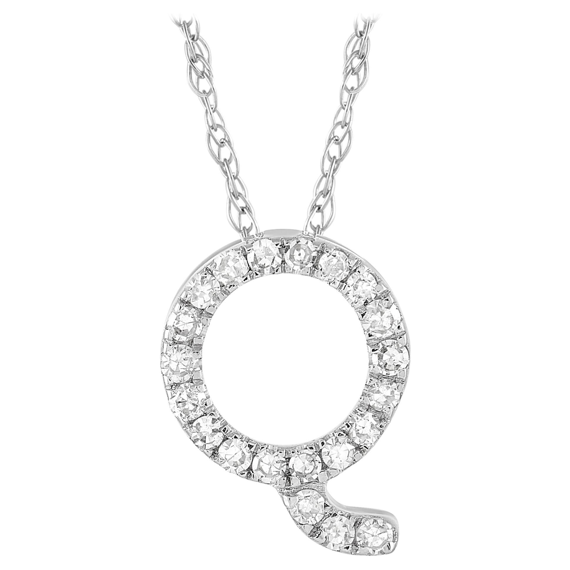 LB Exclusive 14K White Gold 0.10 Ct Diamond Initial ‘Q’ Necklace For Sale
