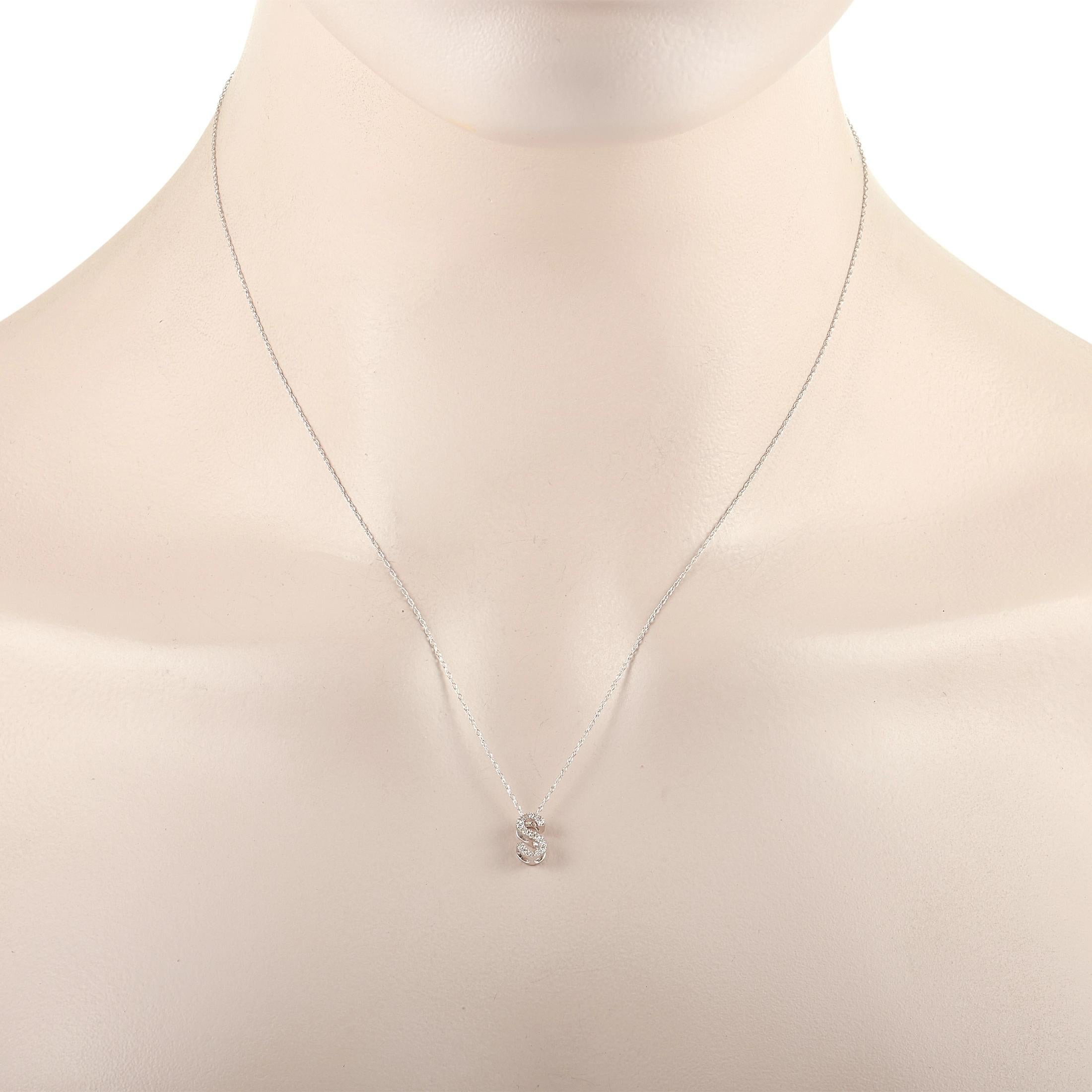 This pretty LB Exclusive 14K White Gold 0.10 ct Diamond Initial ‘S’ Necklace is made with a delicate 14K white gold chain and features a small white gold pendant shaped like the letter ‘S’ and set with 0.10 carats of round diamonds throughout. The
