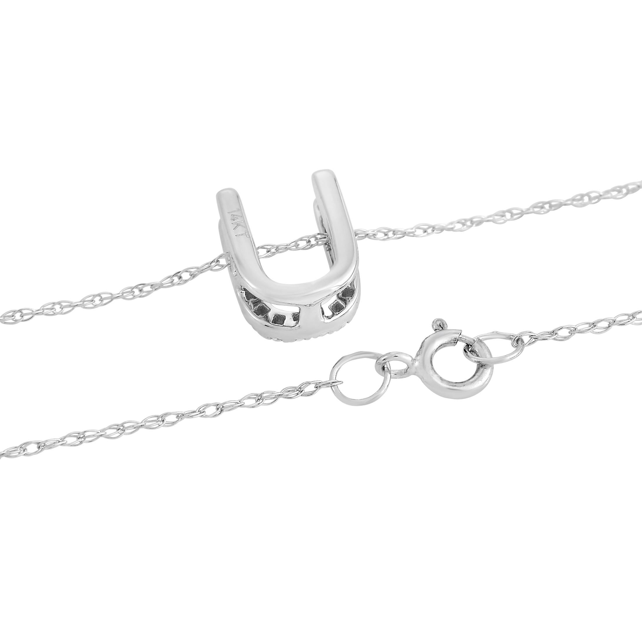 Round Cut LB Exclusive 14K White Gold 0.10 Ct Diamond Initial ‘U’ Necklace For Sale