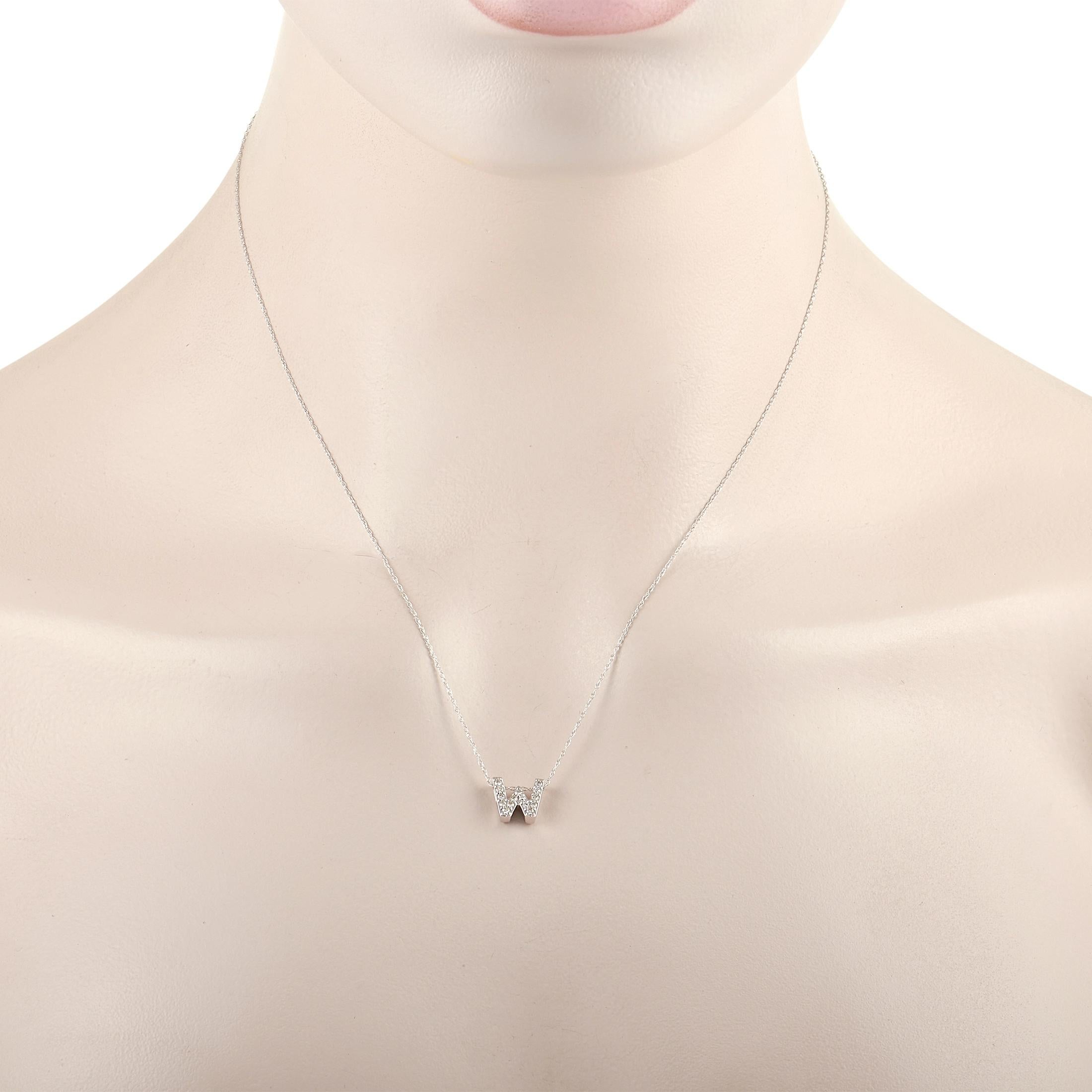 This pretty LB Exclusive 14K White Gold 0.10 ct Diamond Initial ‘W’ Necklace is made with a delicate 14K white gold chain and features a small white gold pendant shaped like the letter ‘W’ and set with 0.10 carats of round diamonds throughout. The