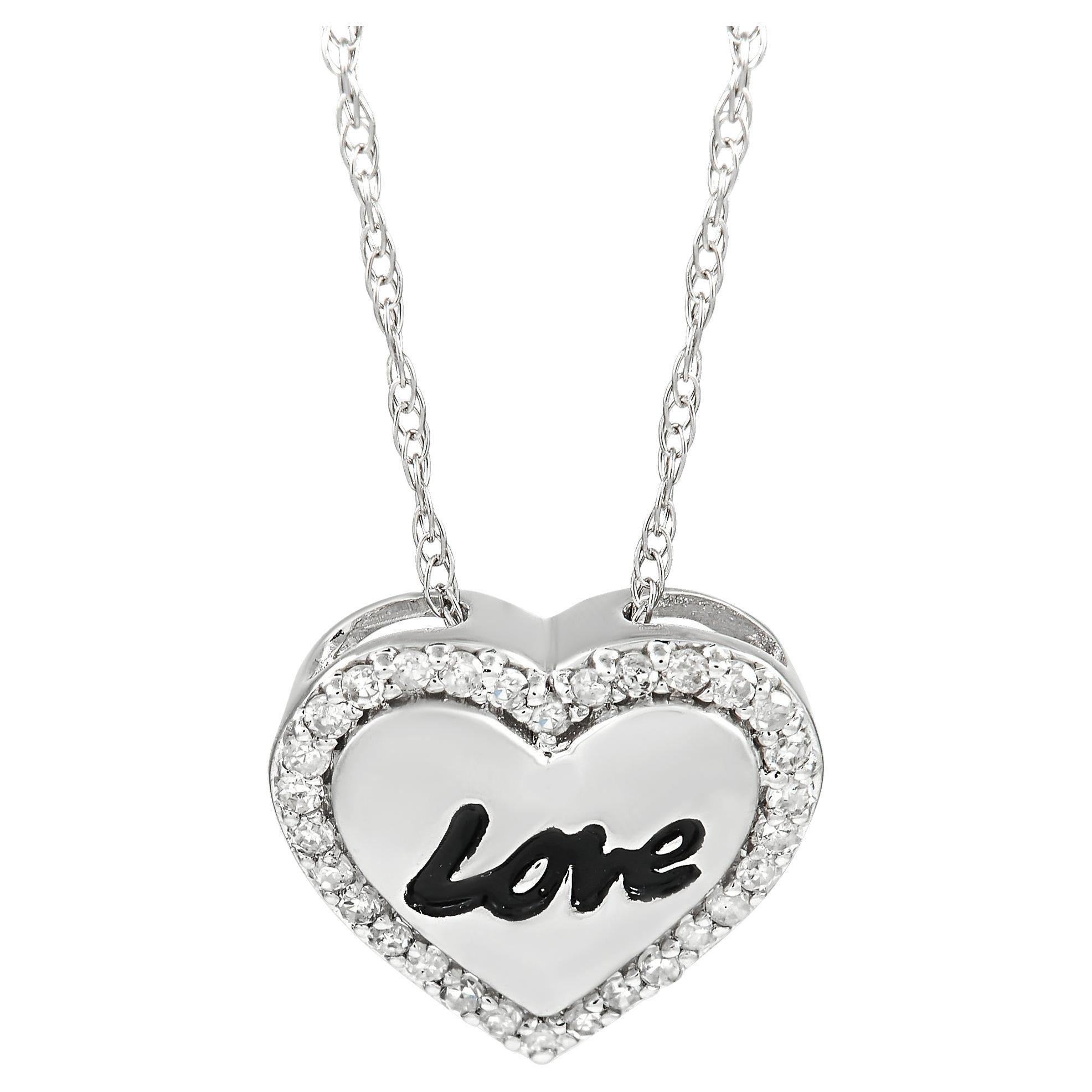 LB Exclusive 14K White Gold 0.10 Ct Diamond Love Heart Pendant Necklace For Sale