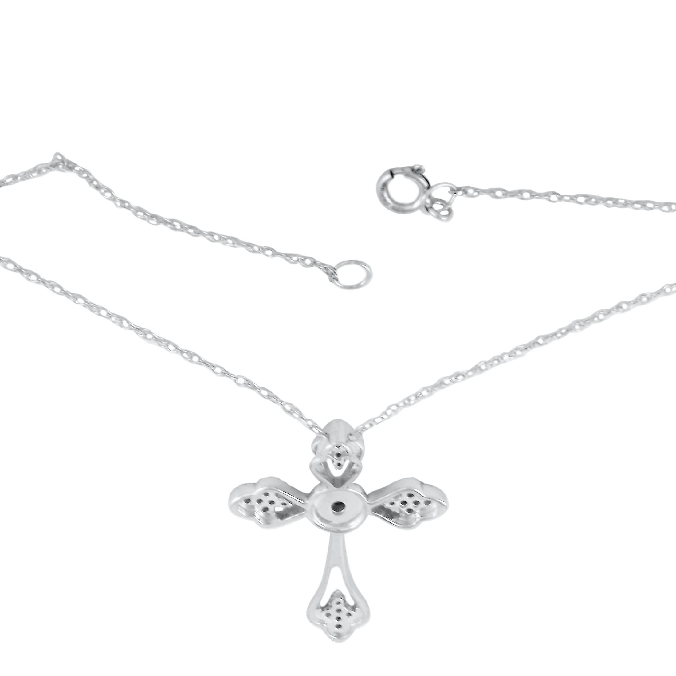 Round Cut LB Exclusive 14 Karat White Gold 0.10 Carat Diamond Small Cross Pendant Necklace