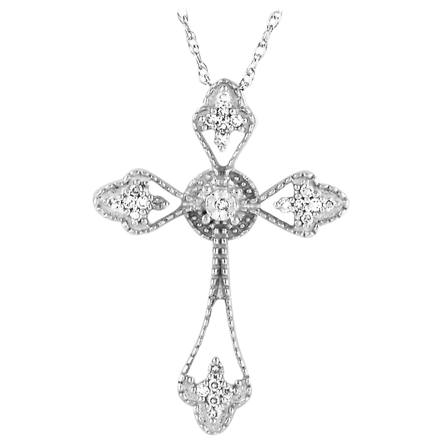 LB Exclusive 14 Karat White Gold 0.10 Carat Diamond Small Cross Pendant Necklace