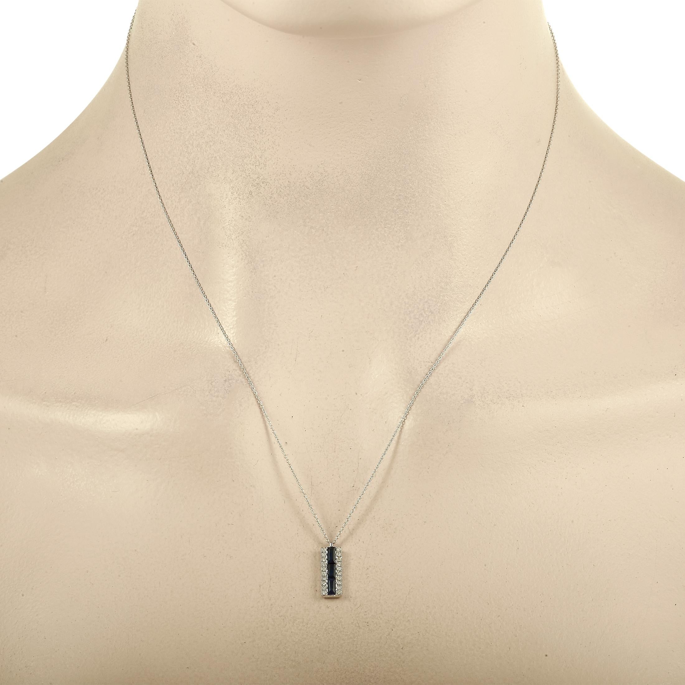 A sleek, rectangular 14K White Gold pendant measuring 0.5” long and 0.25” wide makes this necklace truly timeless. The minimalist design is elevated by a series of central sapphires as well as diamond accents totaling 0.10 carats - all suspended