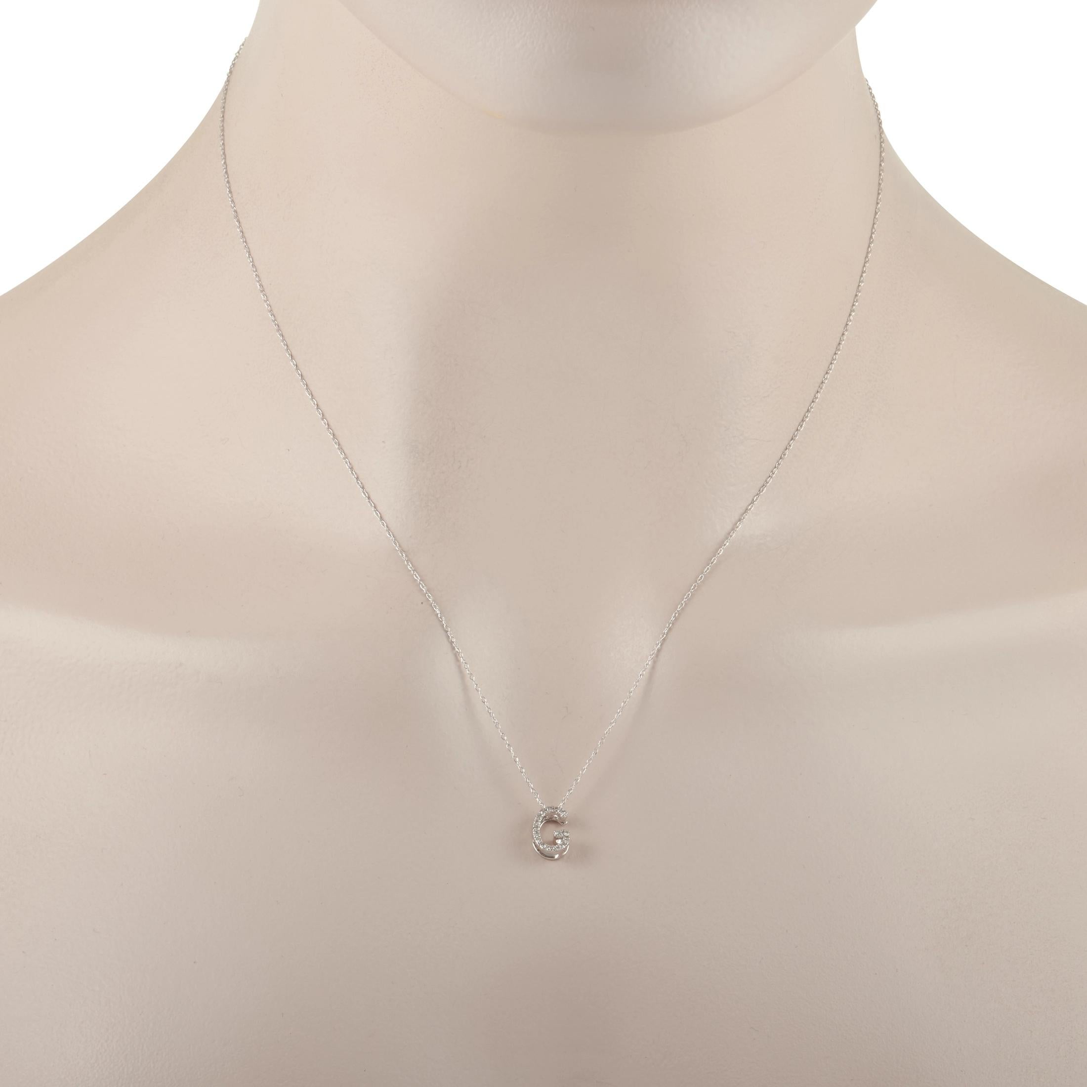 Add your signature to any look with the help of this charming 14K White Gold pendant necklace. Glittering diamonds with a total weight of 0.10 carats bring the sweet, sophisticated 0.38” letter “G” pendant to life. It’s attached to a simple white