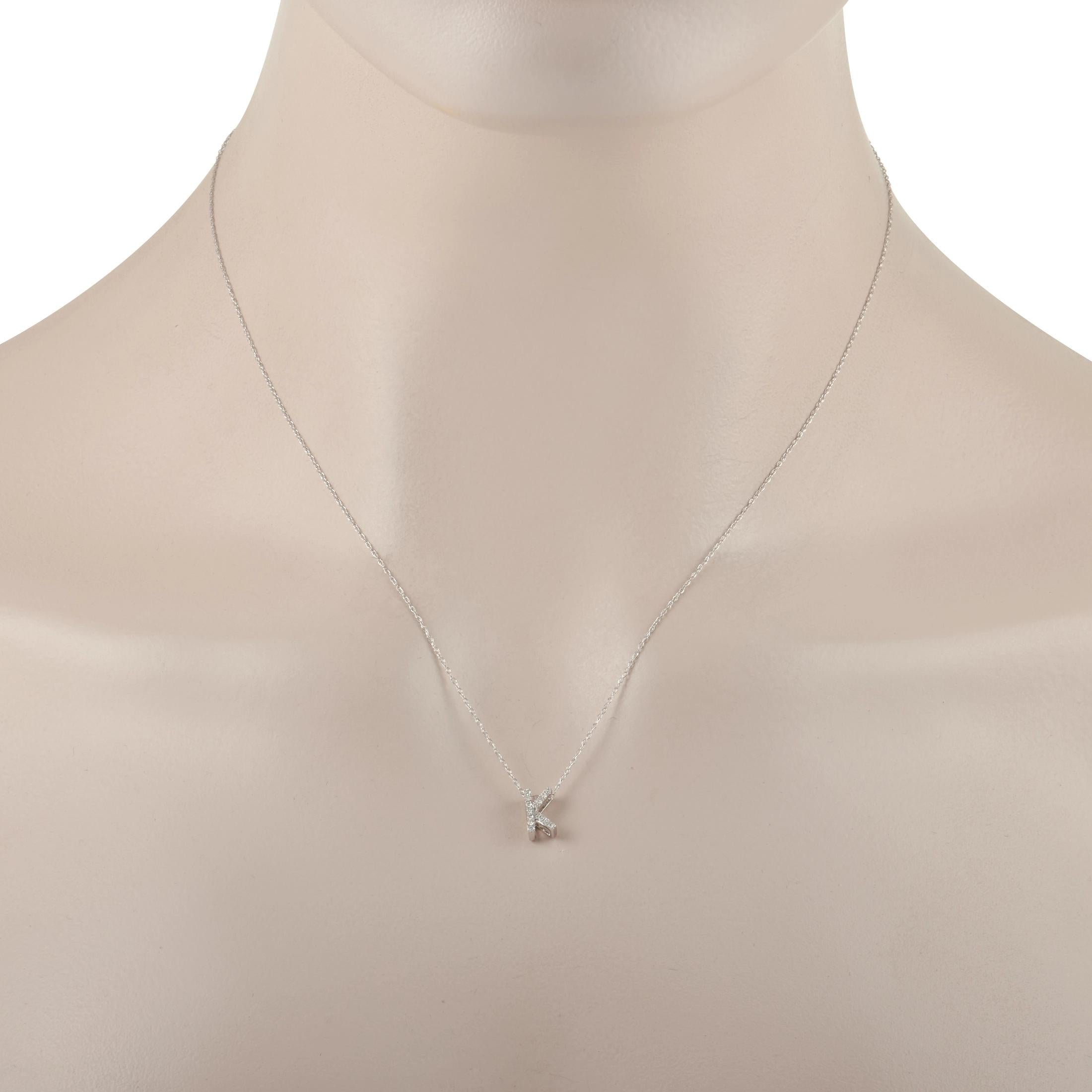 Keep your look timeless with the help of this sweet, simple diamond monogram pendant necklace. On the .38” letter “K” pendant, you’ll find shimmering diamonds that total 0.10 carats. Beautifully crafted from 14K White Gold, this classic design