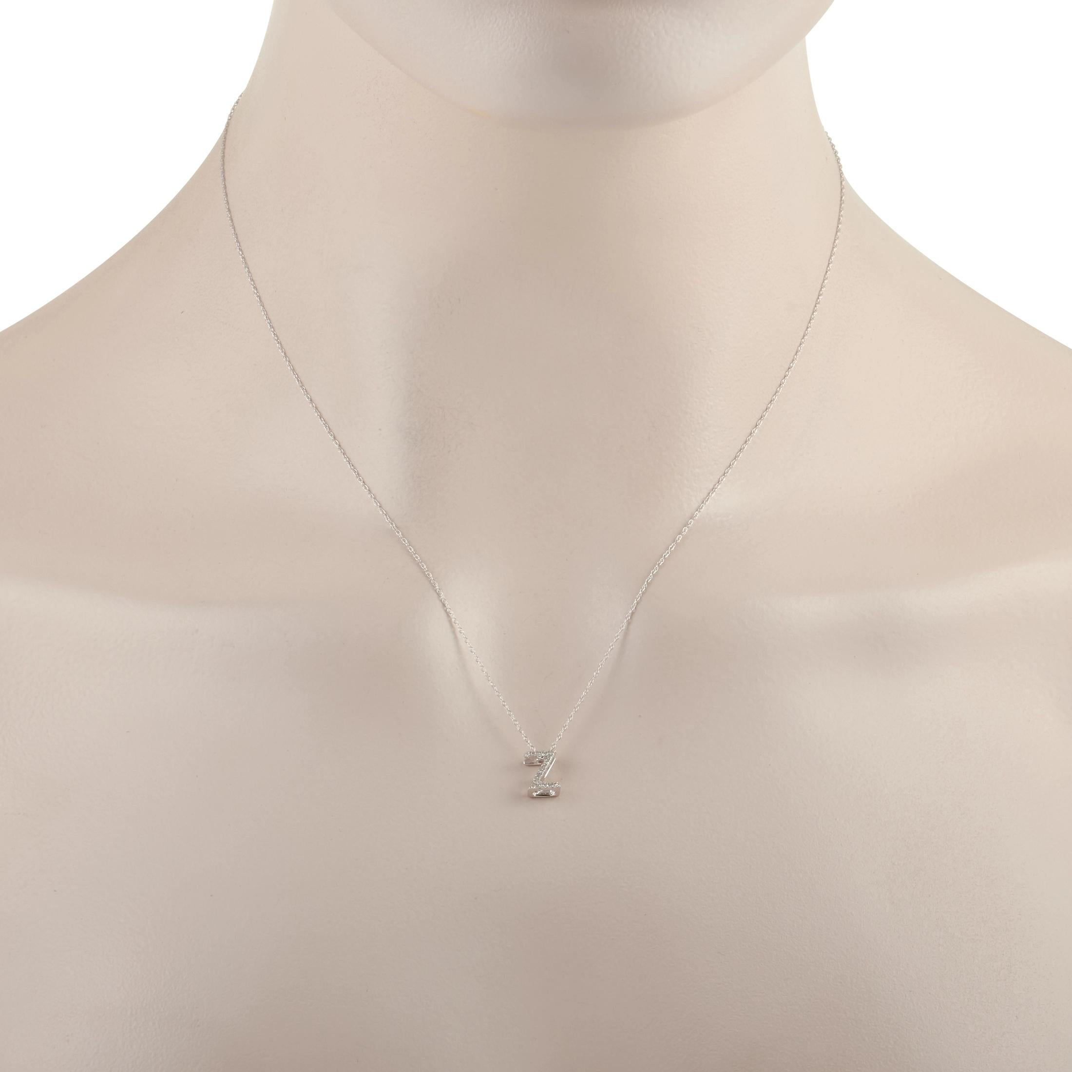 Showing off your monogram is easy when you have this elegant pendant necklace. On the “Z” pendant, you’ll find glittering diamonds with a total weight of 0.10 carats suspended from a 17.5” chain. The pendant measures .32” long .19” wide, and