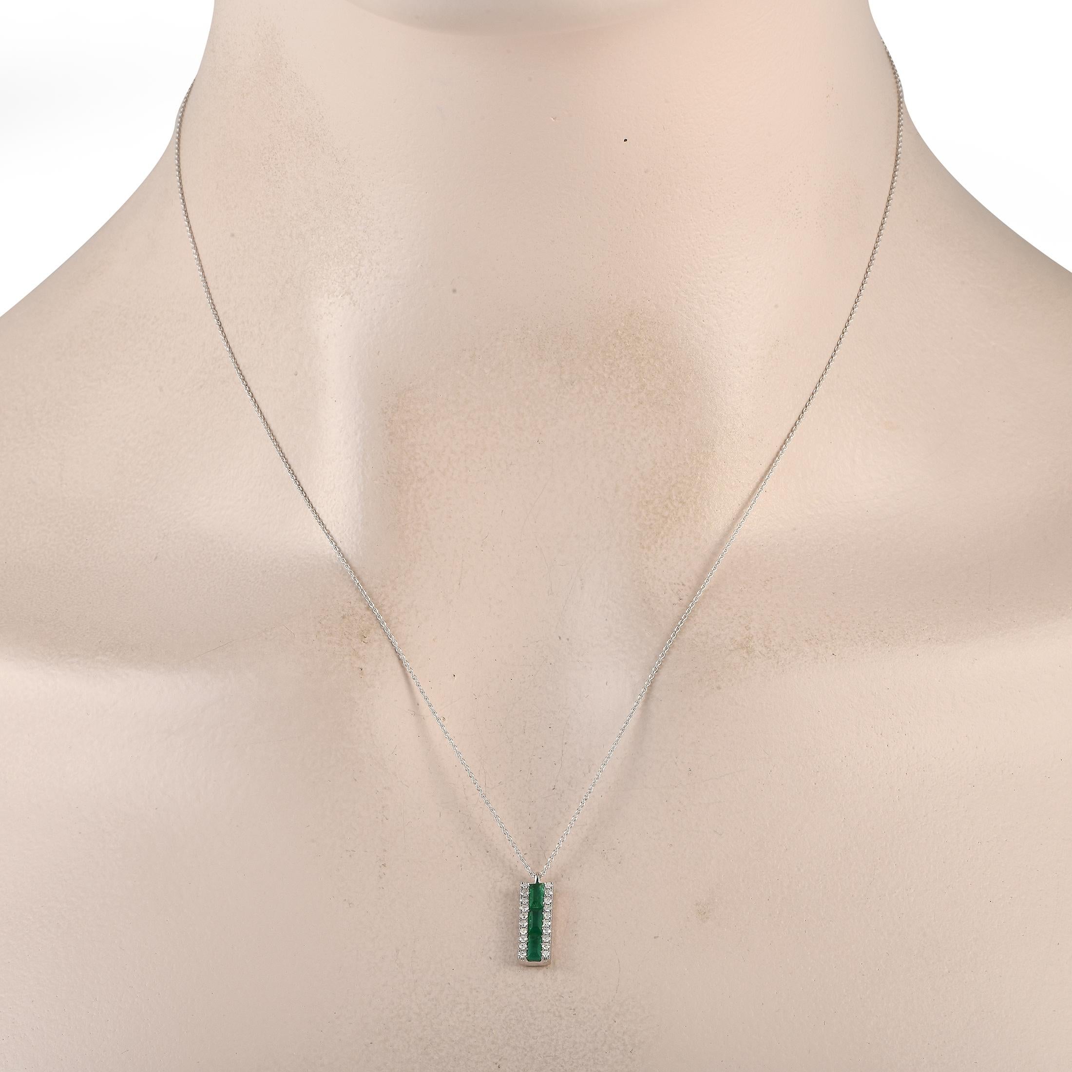 A series of captivating emerald gemstones make this necklace simply unforgettable. Stylish and sophisticated in design, this pieces pendant is crafted from 14K white gold and measures 0.65 long by 0.25 wide. Round-cut diamonds totaling 0.10 carats