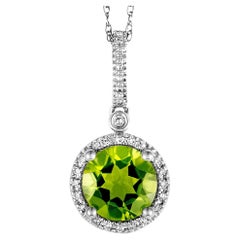 LB Exclusive 14K White Gold 0.11 Ct Diamond and Peridot Round Pendant Necklace