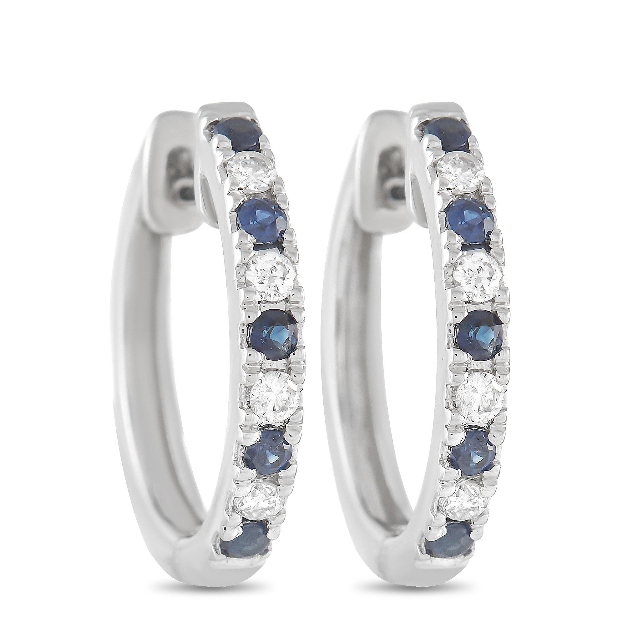 LB Exclusive 14K White Gold 0.11 Ct Diamond and Sapphire Hoop Earrings In New Condition For Sale In Southampton, PA
