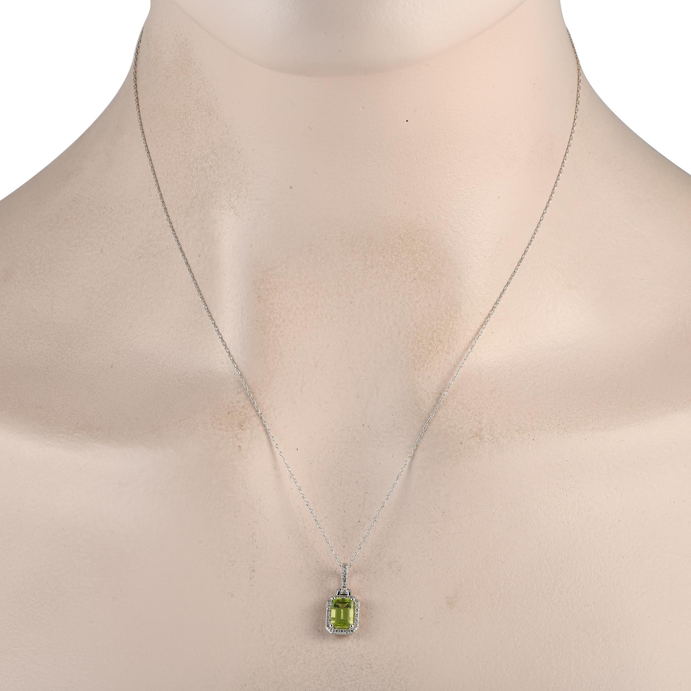 A lime green peridot adds a vibrant hue to this diamond necklace, making it the perfect choice to make an outfit stand out. This LB Exclusive piece comes with a delicate white gold chain measuring 18 long. The pendant measures 0.65 by 0.30 aand has
