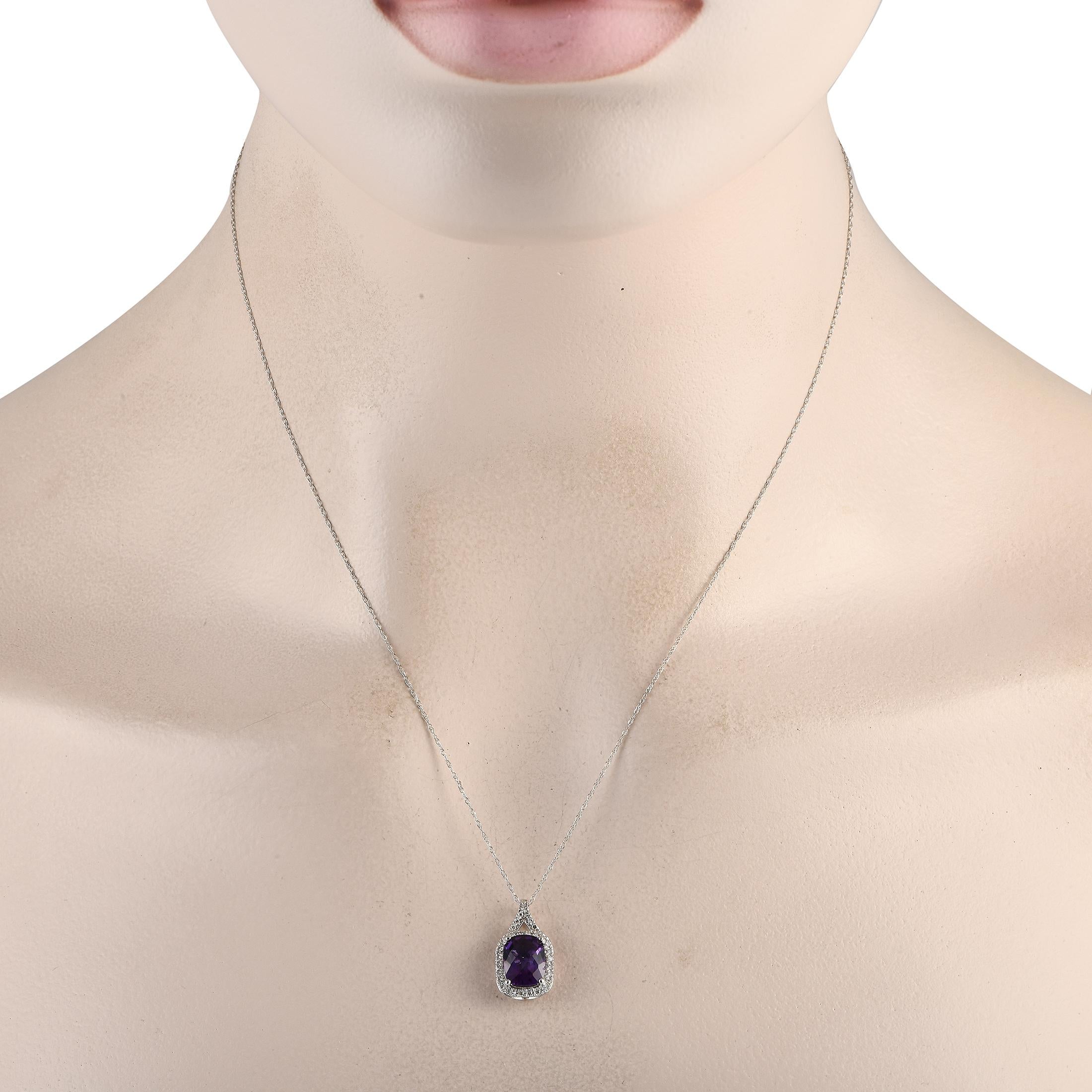 This 14K White Gold necklace is simple, elegant, and understated. Along with a breathtaking Amethyst gemstone, it comes complete with sparkling Diamond accents totaling 0.13 carats. This pieces pendant measures 0.75 long by 0.45 wide and is