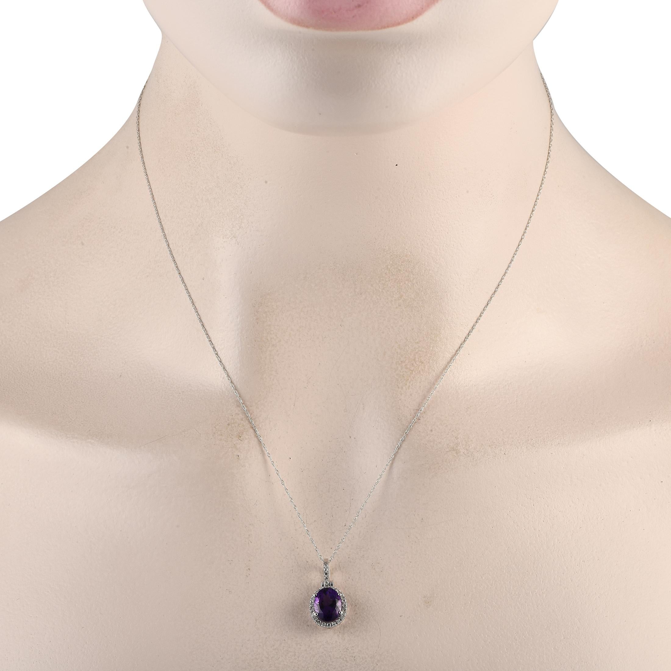 Add elegance to any ensemble with this impeccably crafted necklace. Crafted from 14K White Gold, this piece features a stunning Amethyst center stone and Diamond accents with a total weight of 0.13 carats. The pendant measures 0.75 long by 0.45 wide