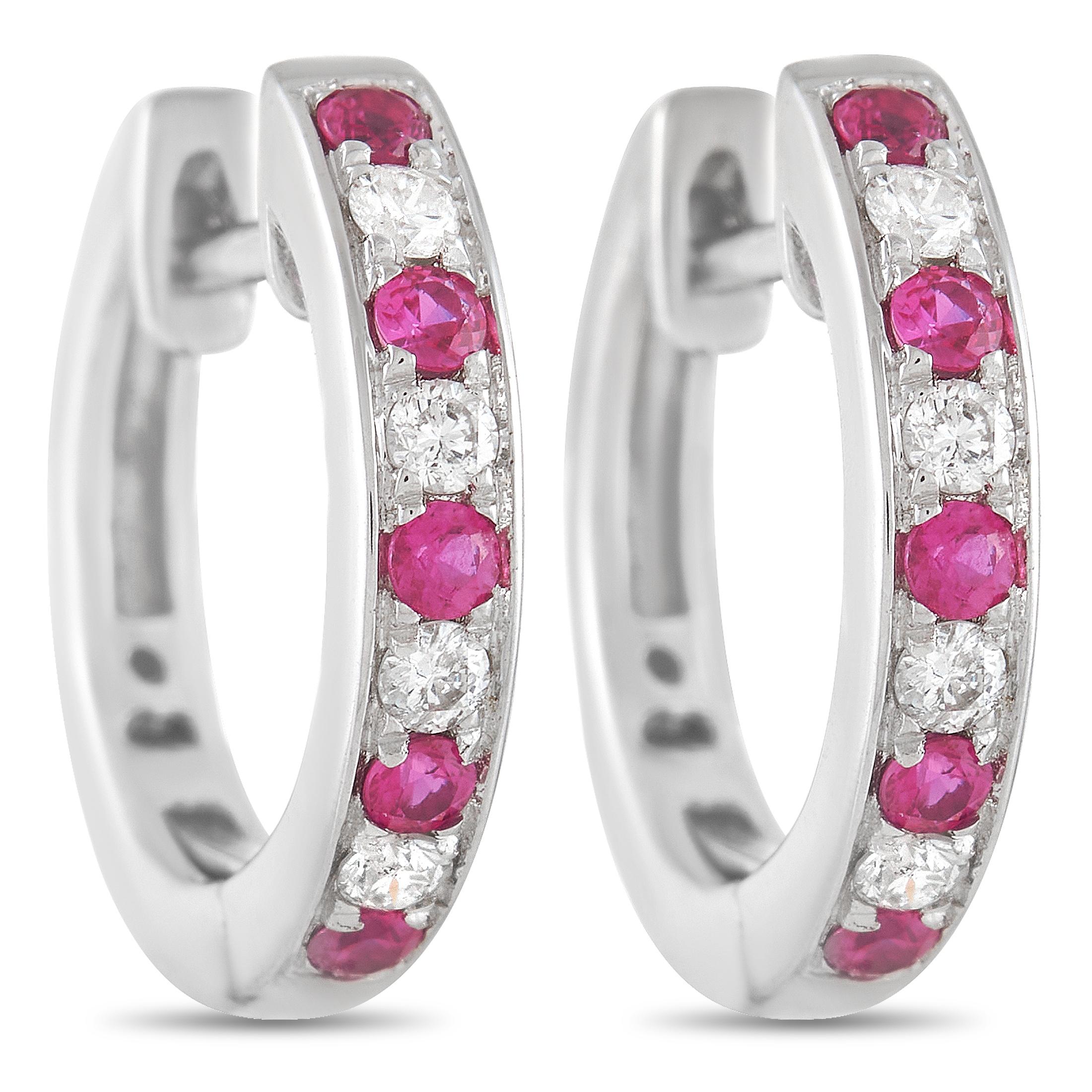 LB Exclusive 14K White Gold 0.15 Ct Diamond and 0.25 Ct Ruby Hoop Earrings In New Condition For Sale In Southampton, PA
