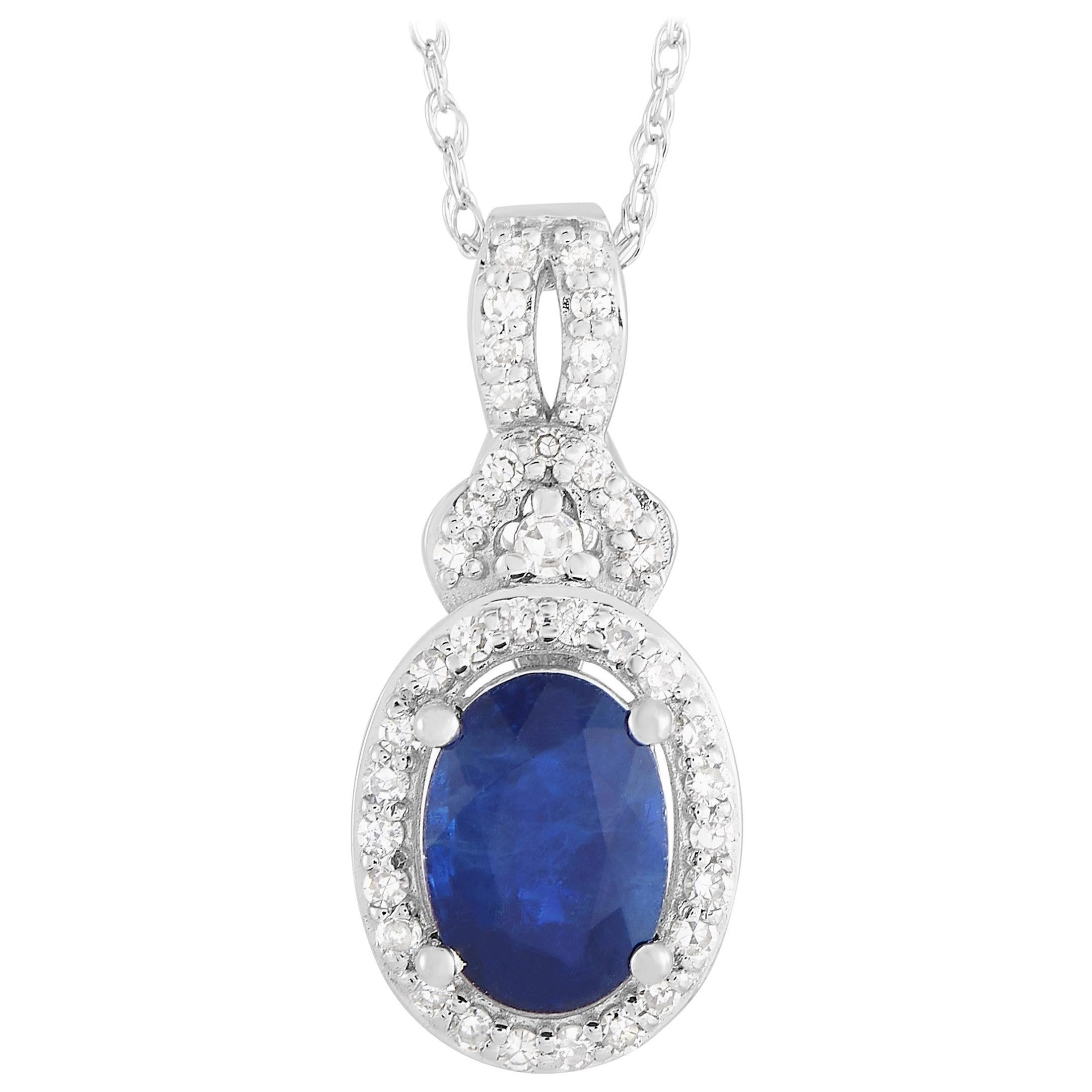 LB Exclusive 14K White Gold 0.15 ct Diamond and Sapphire Oval Pendant Necklace