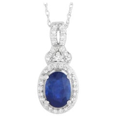 LB Exclusive 14K White Gold 0.15 ct Diamond and Sapphire Oval Pendant Necklace