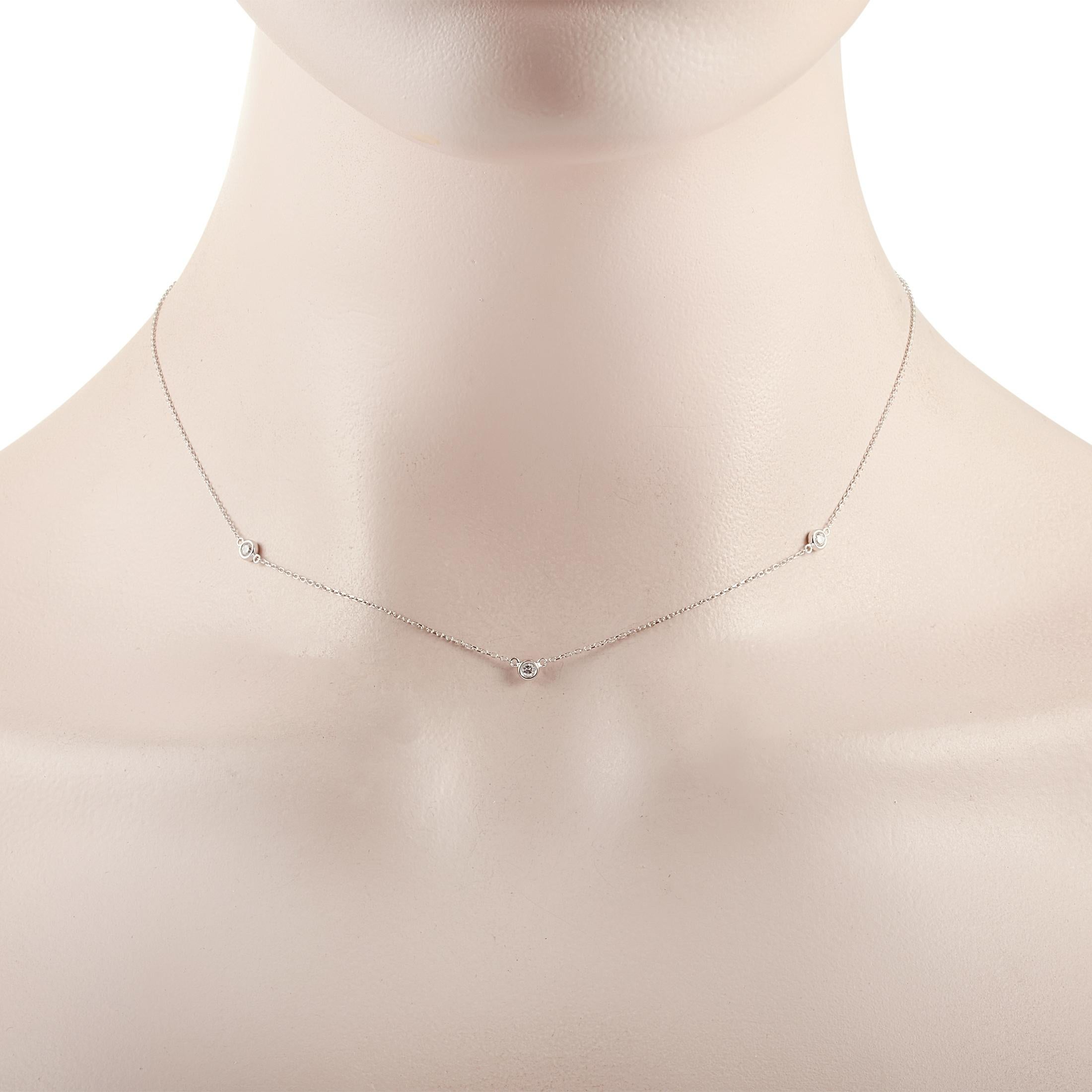 This LB Exclusive necklace is made of 14K white gold and embellished with diamonds that amount to 0.15 carats. The necklace weighs 1.3 grams and measures 16” in length.
 
 Offered in brand new condition, this jewelry piece includes a gift box.
