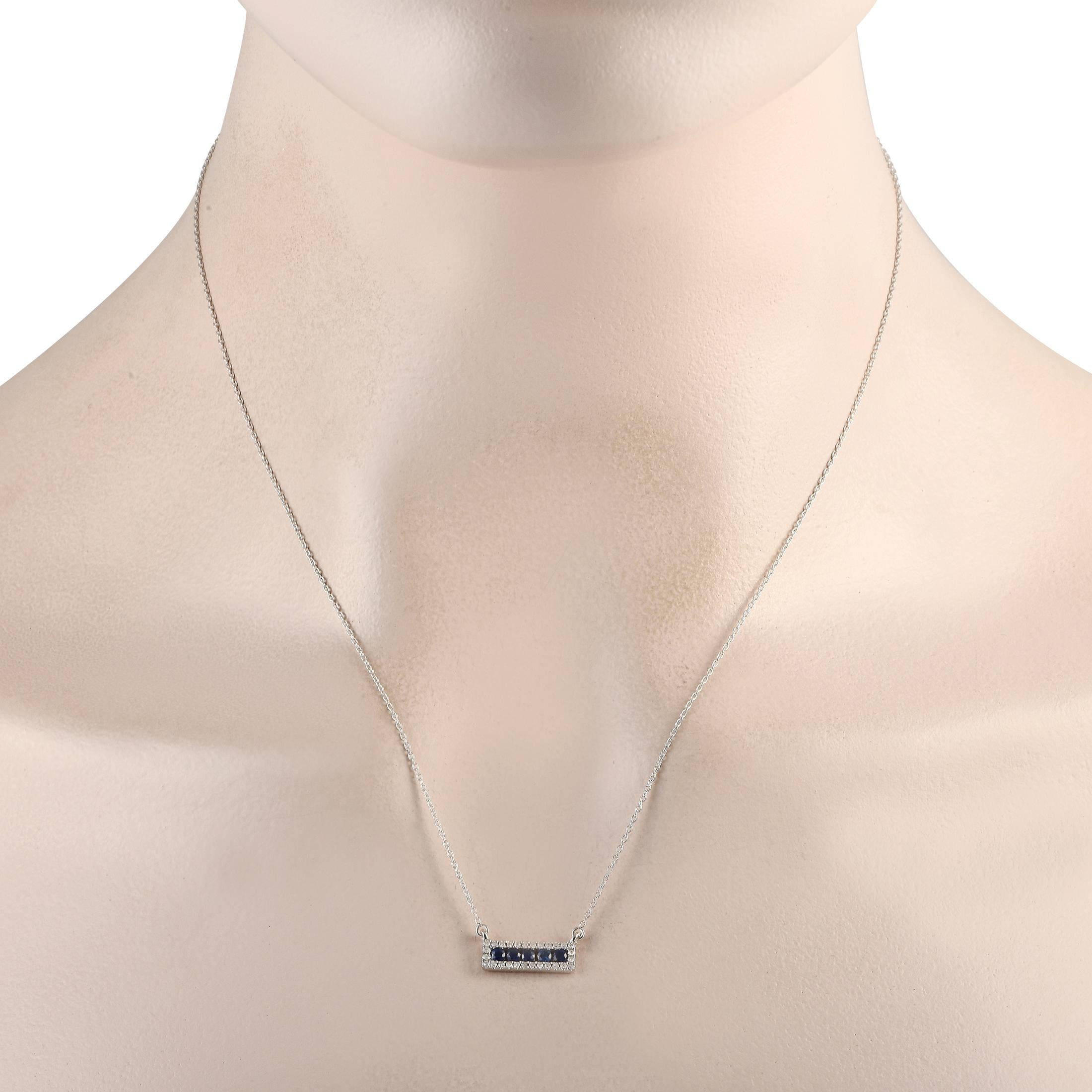 A series of Sapphires and Diamonds totaling 0.15 carats elevate this necklaces sophisticated 14K White Gold Pendant. Sleek and simple, its suspended at the center of an 18 chain and measures 0.15 long by 0.65 wide.This jewelry piece is offered in