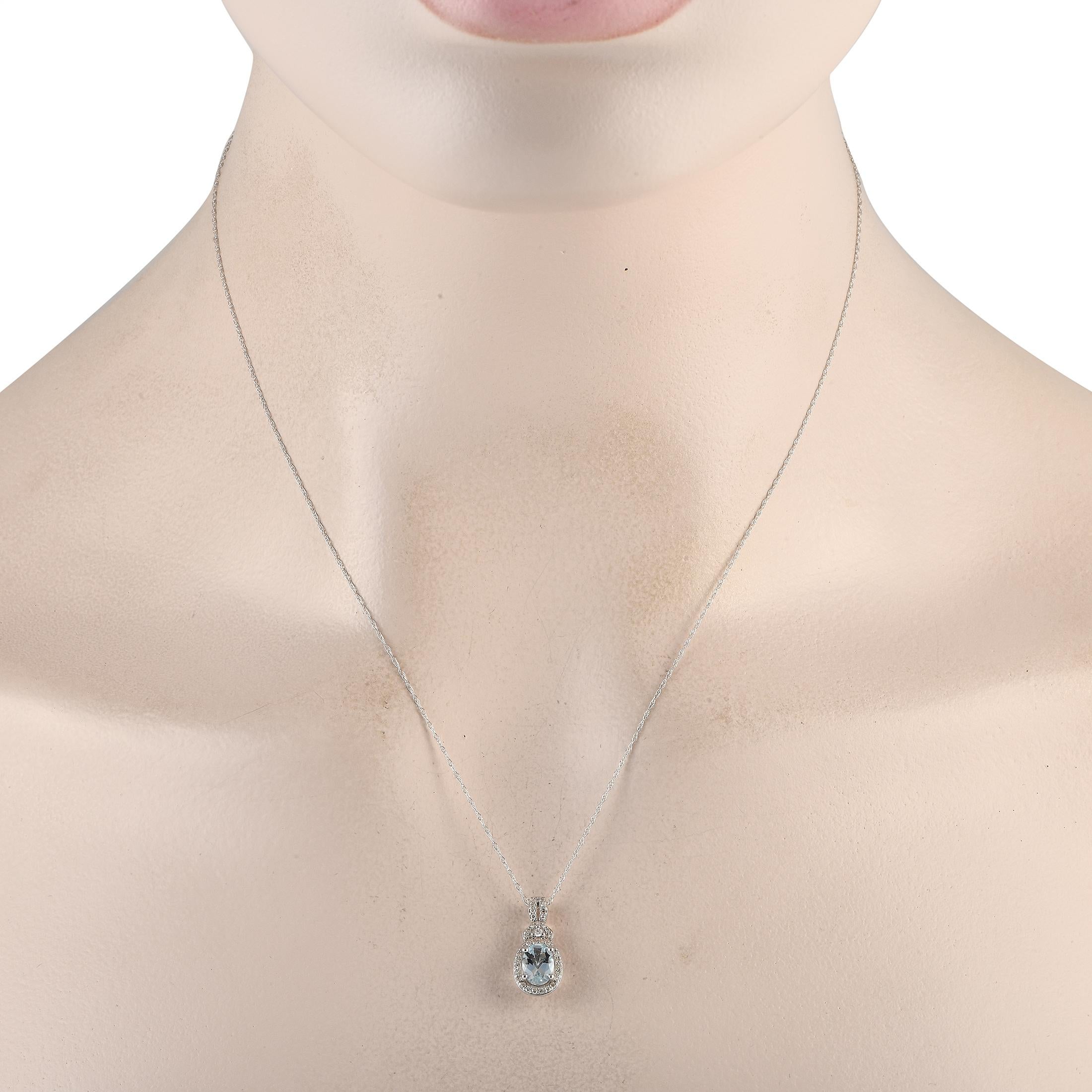 This exquisite necklace is ideal for anyone with a minimalist sense of style. The radiant pendant shines to life thanks to a subtle aquamarine center stone and sparkling diamonds totaling 0.15 carats. Crafted from 14K white gold, the pendant