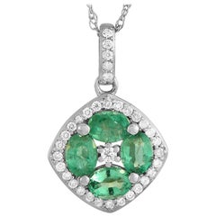 LB Exclusive 14K White Gold 0.16 ct Diamond and Emerald Flower Pendant Necklace