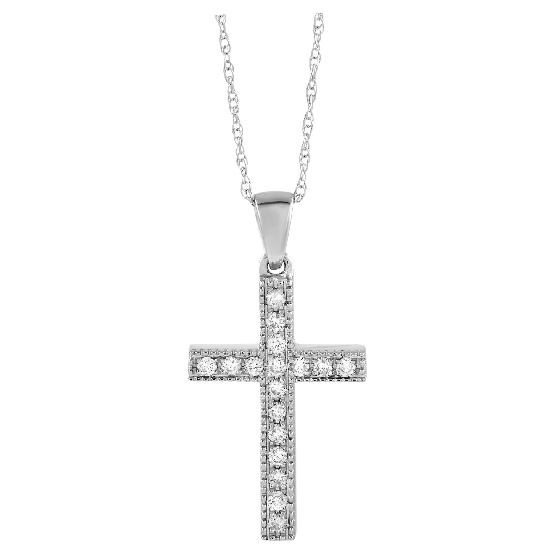 LB Exclusive Collier pendentif croix en or blanc 14 carats avec diamants 0,16 carat