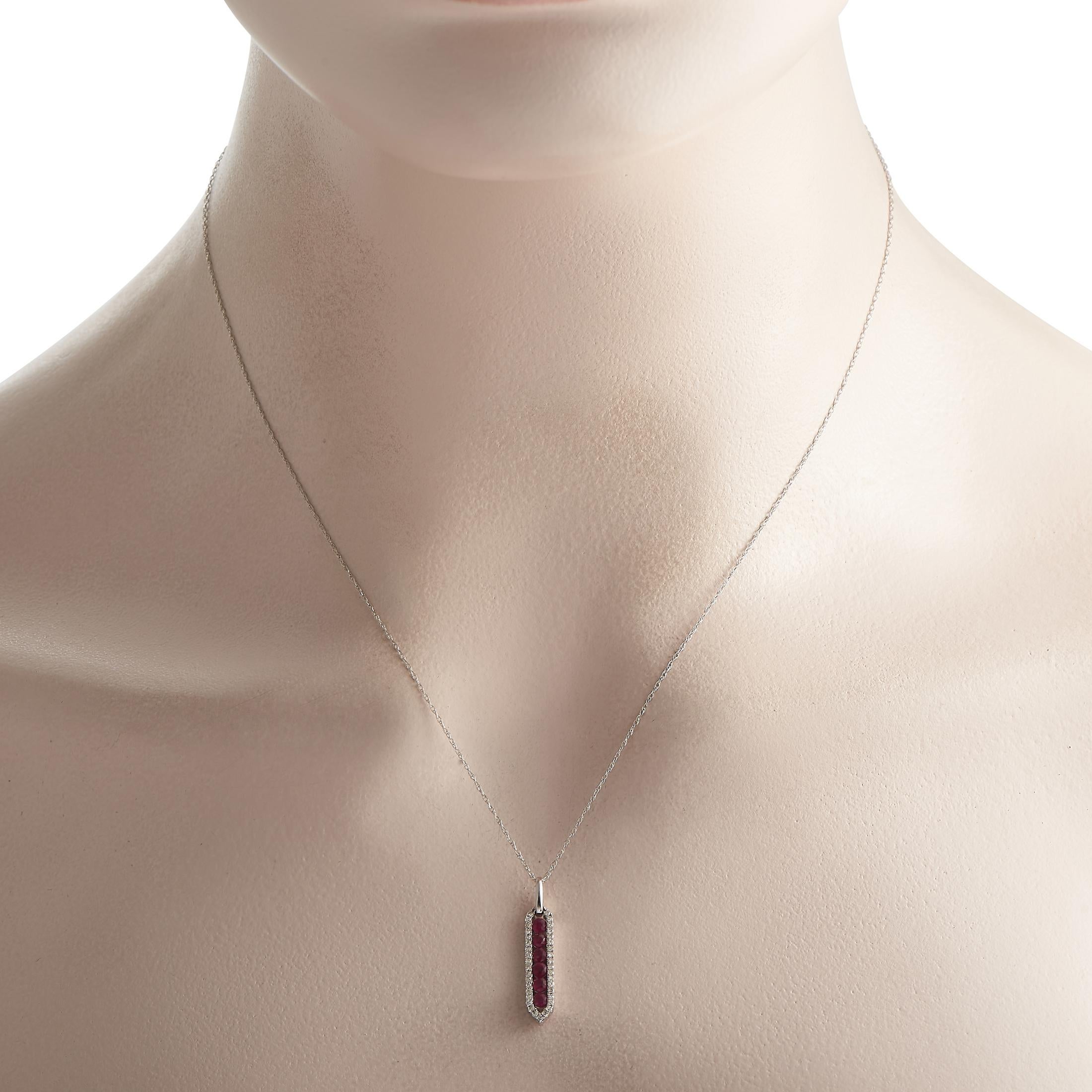 Put on this diamond and ruby necklace and let your look sparkle with a statement. This 14K white gold piece has a 17 long cable chain with a spring ring clasp. A chic pendant with six faceted rubies set vertically and evenly on an elongated frame is