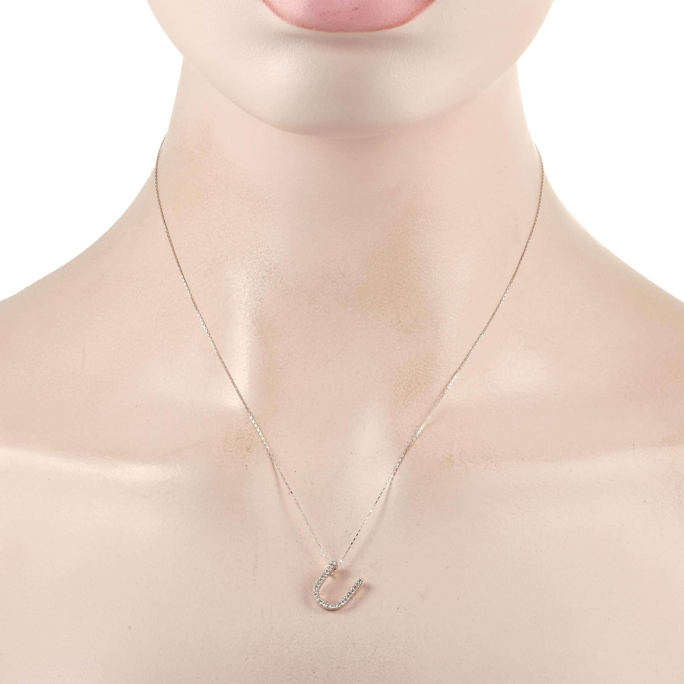 This 14K White Gold monogram necklace will never go out of style. Suspended from an 18” chain, you’ll find a stylish letter “U” shaped pendant that measures 0.5” long and 0.45” wide. Diamonds with a total weight of 0.17 carats also ensure this piece