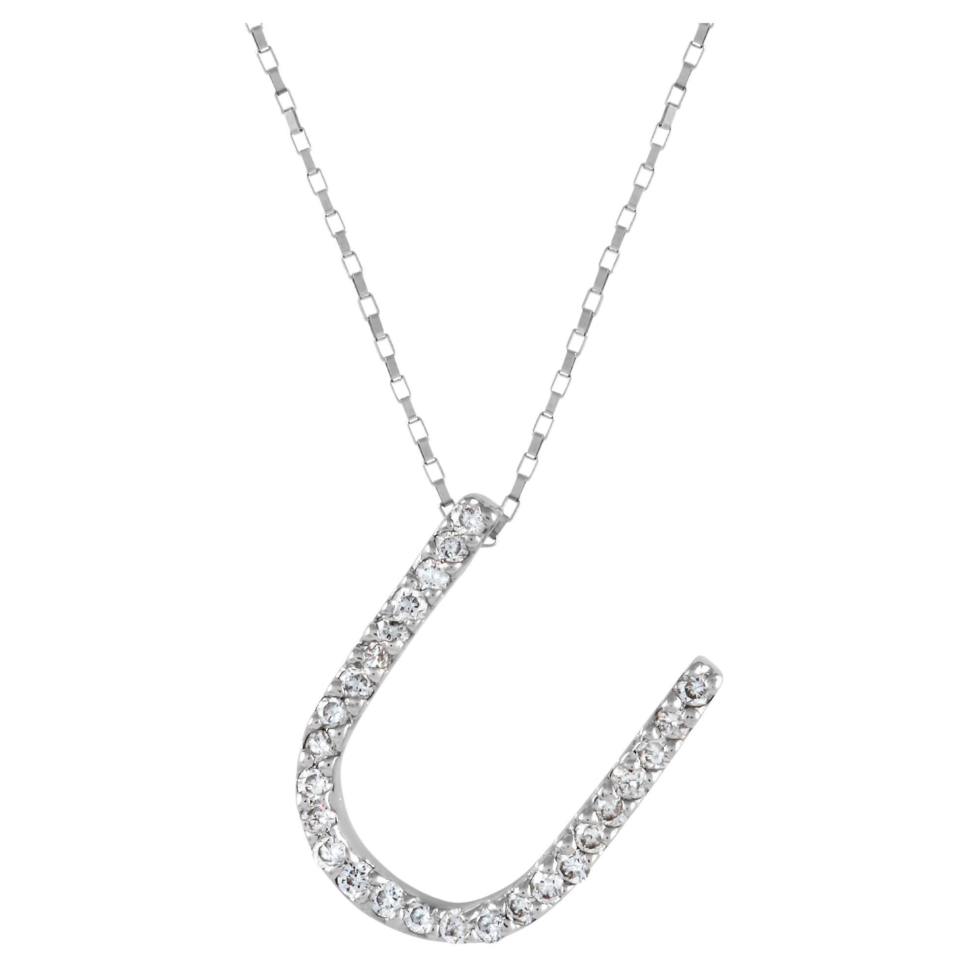LB Exclusive 14K White Gold 0.17 Ct Diamond “U” Initial Necklace For Sale